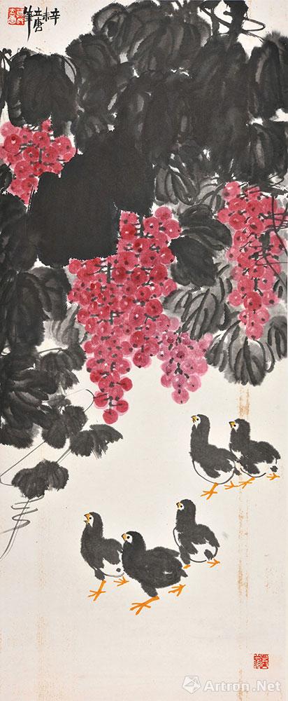 葡萄群鸡图_莫立唐作品集·花鸟画集_莫立唐作品展__.