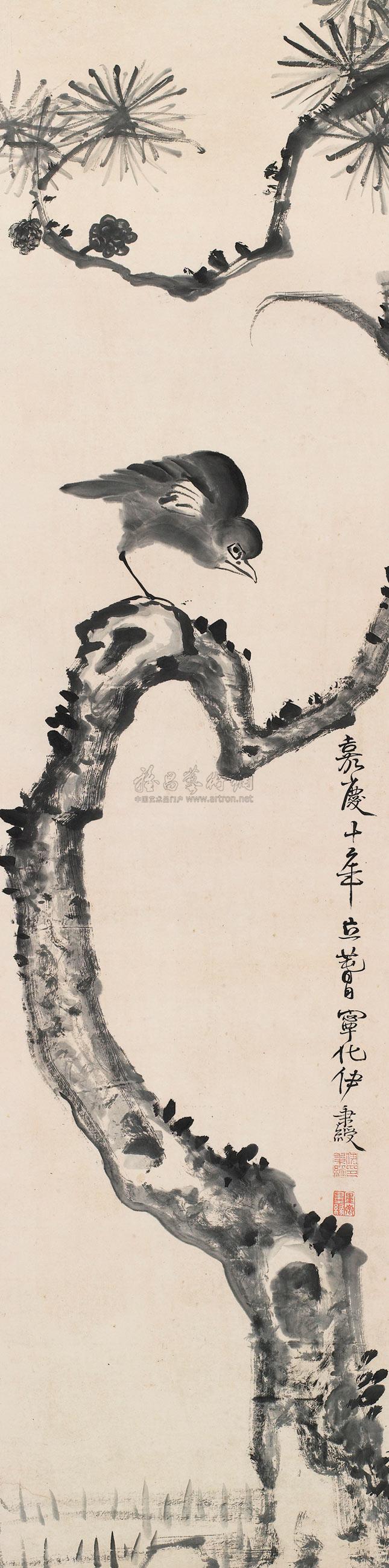 0441 虬松孤禽图 立轴 水墨纸本
