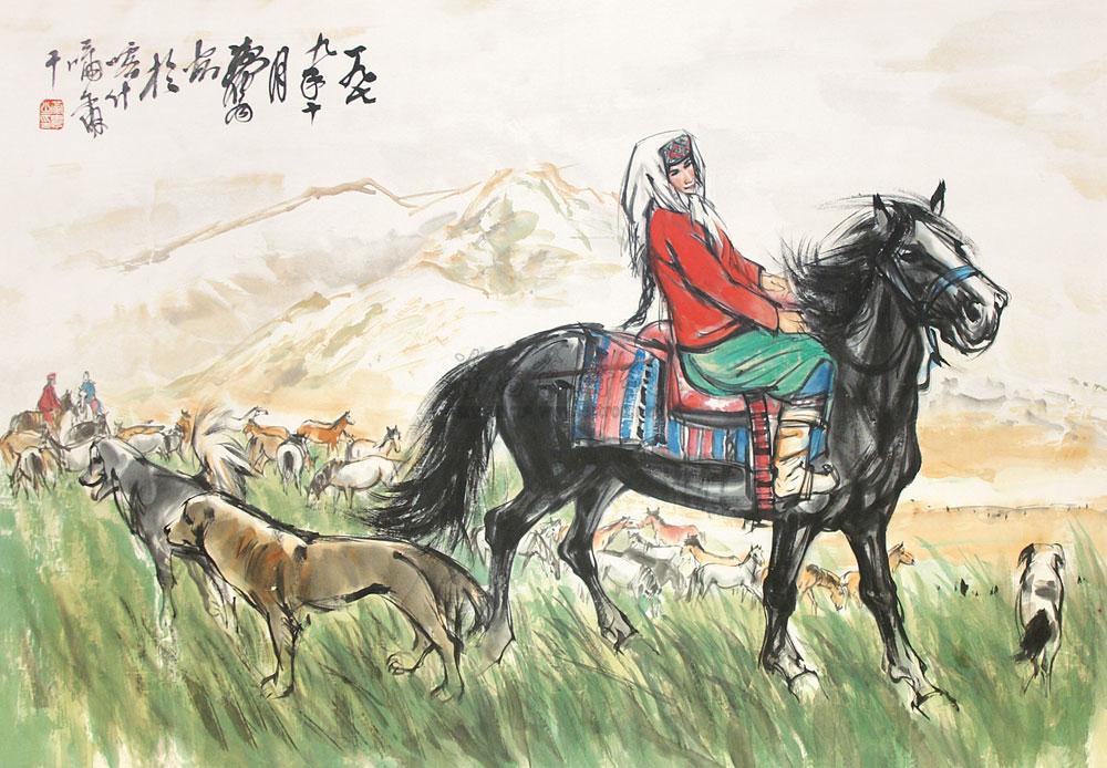 1606 草原牧马图 镜心