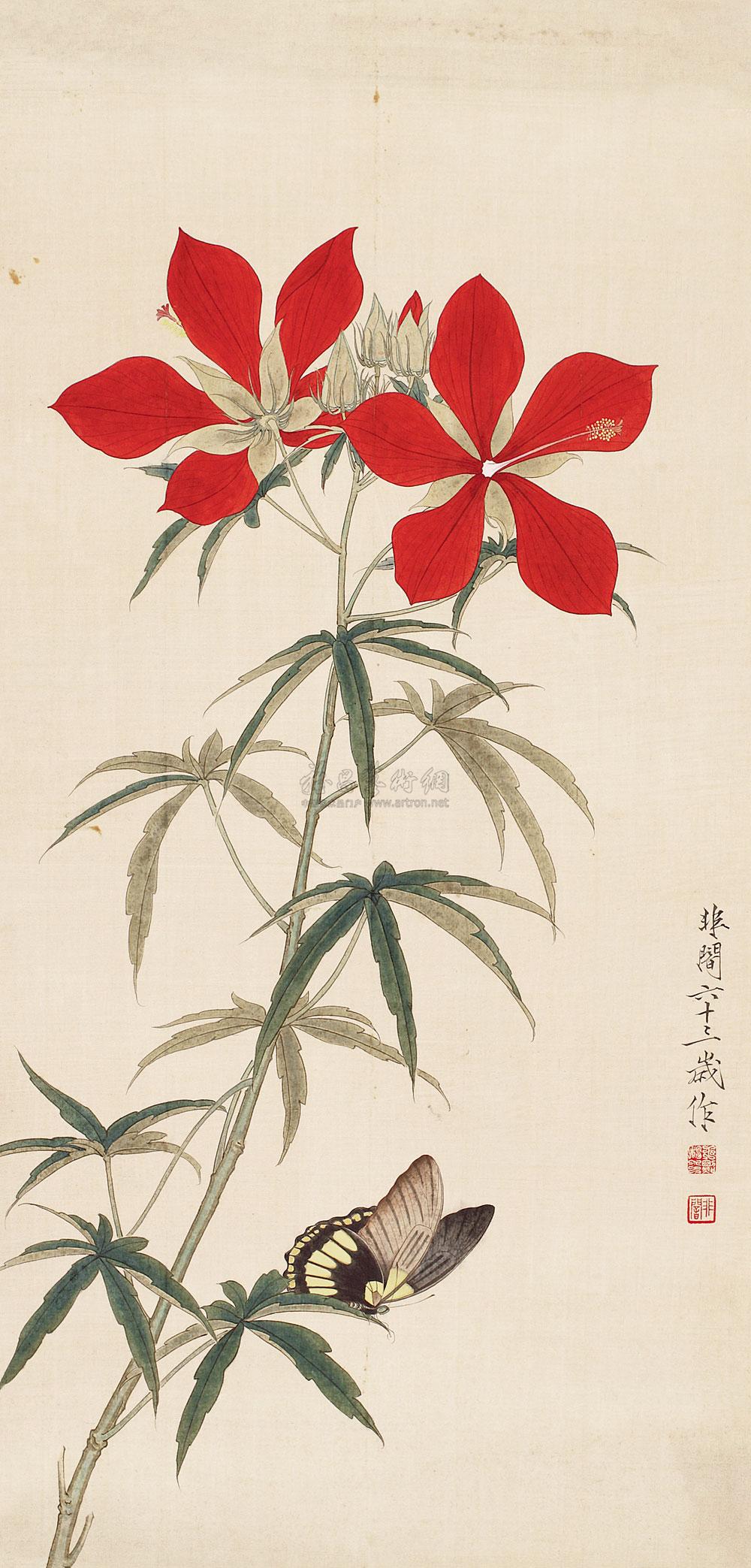 3147 红花蝴蝶 镜片 绢本