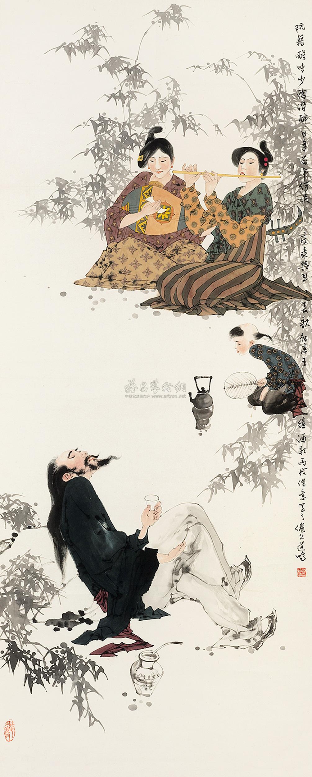 0118 饮酒抚琴图 立轴 设色纸本