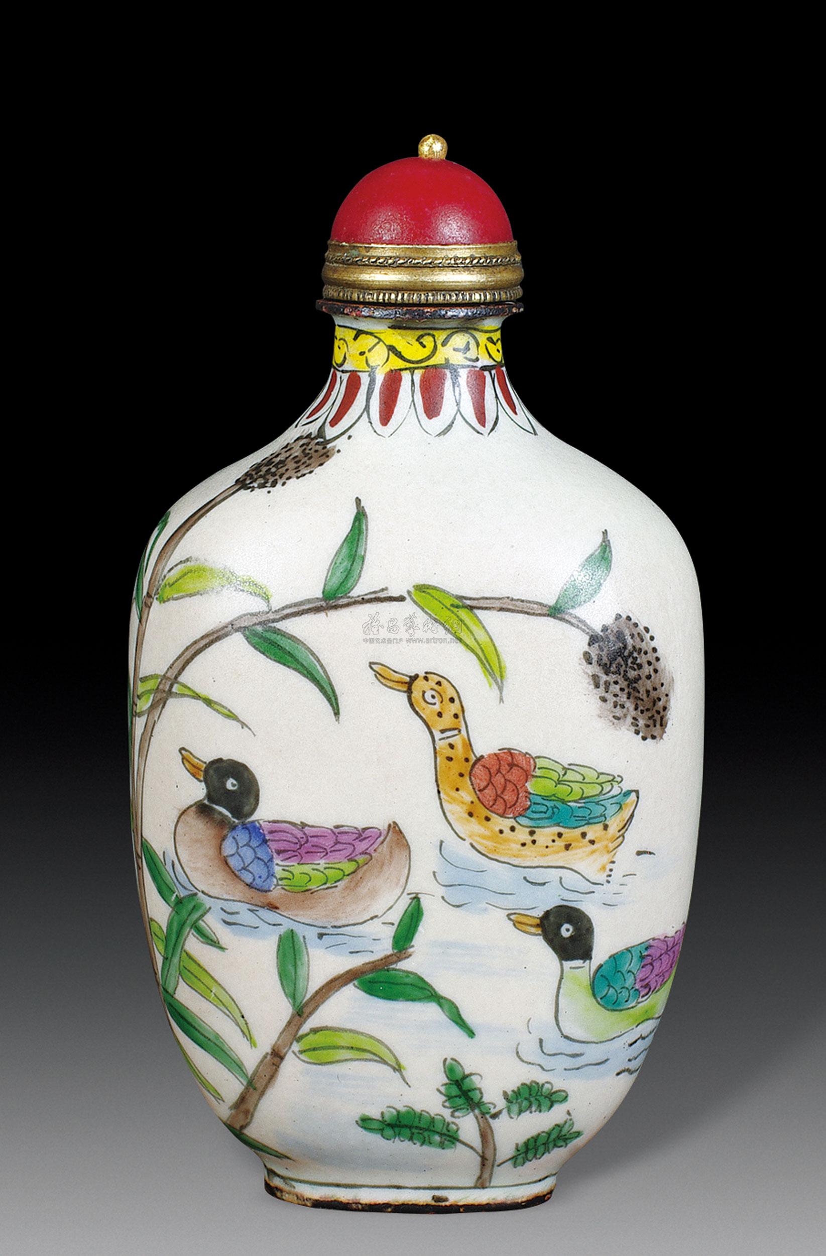 1057 清代 铜胎画珐琅芦雁图鼻烟壶