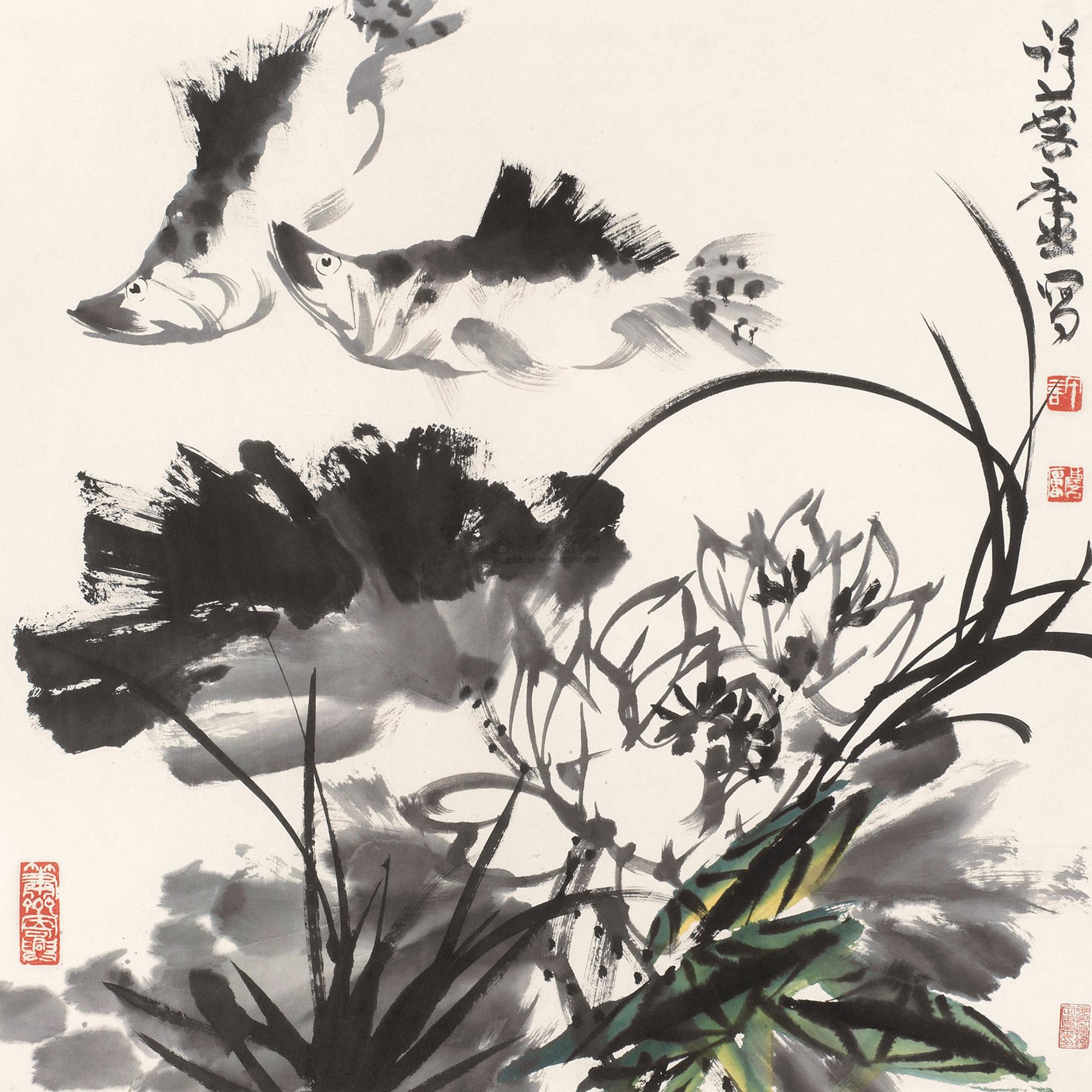 0161 荷花鳜鱼 镜框 纸本