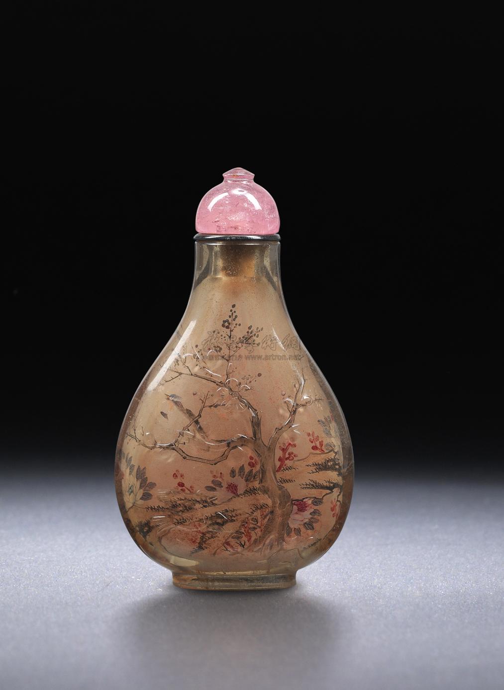 0031 1907年 叶仲三 浅浮雕茶晶内画公鸡牡丹绶带鸟鼻烟壶图片