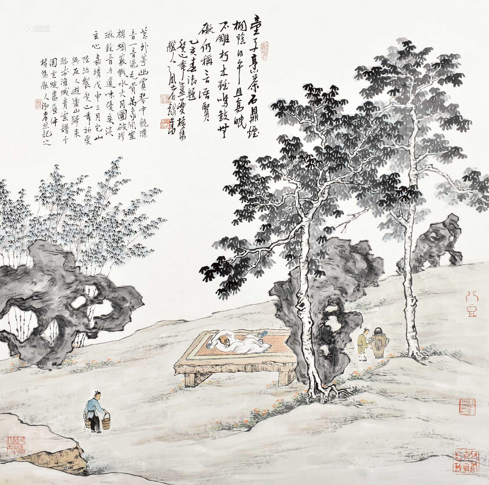 0014 童子烹茶 镜片 设色纸本