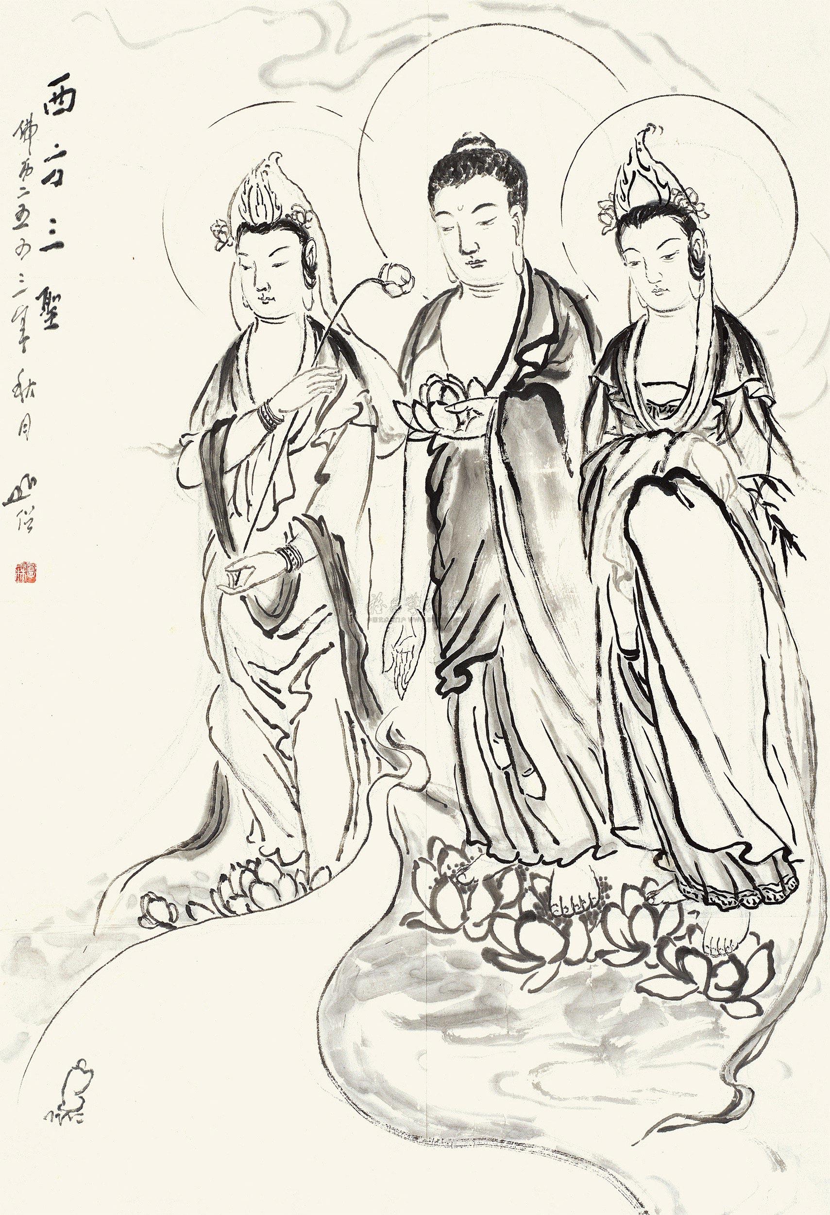 0015 西方三圣 镜心 水墨纸本