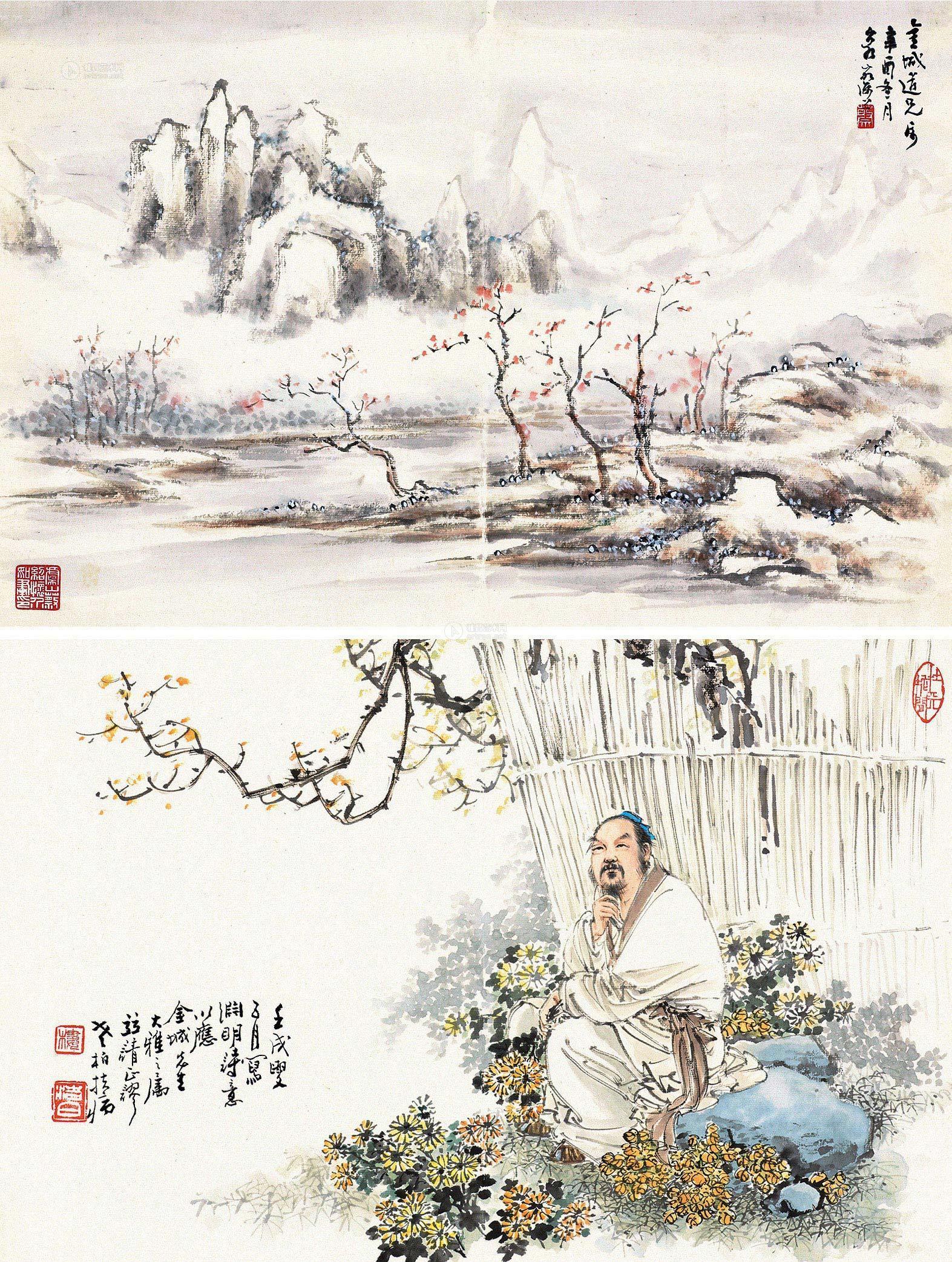 0057 江天雪色 渊明采菊(二件 镜片 设色纸本