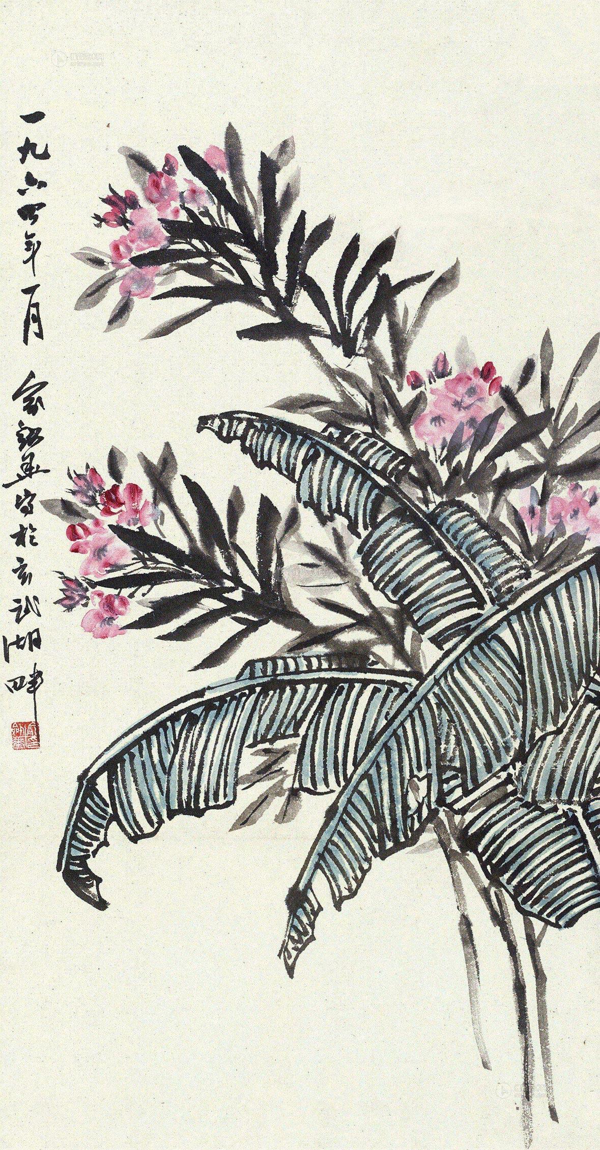 0282 芭蕉夹竹桃 镜心 设色纸本