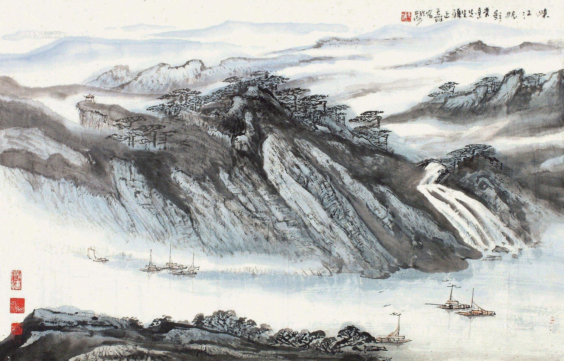 0113 峡江帆影 镜片 设色纸本