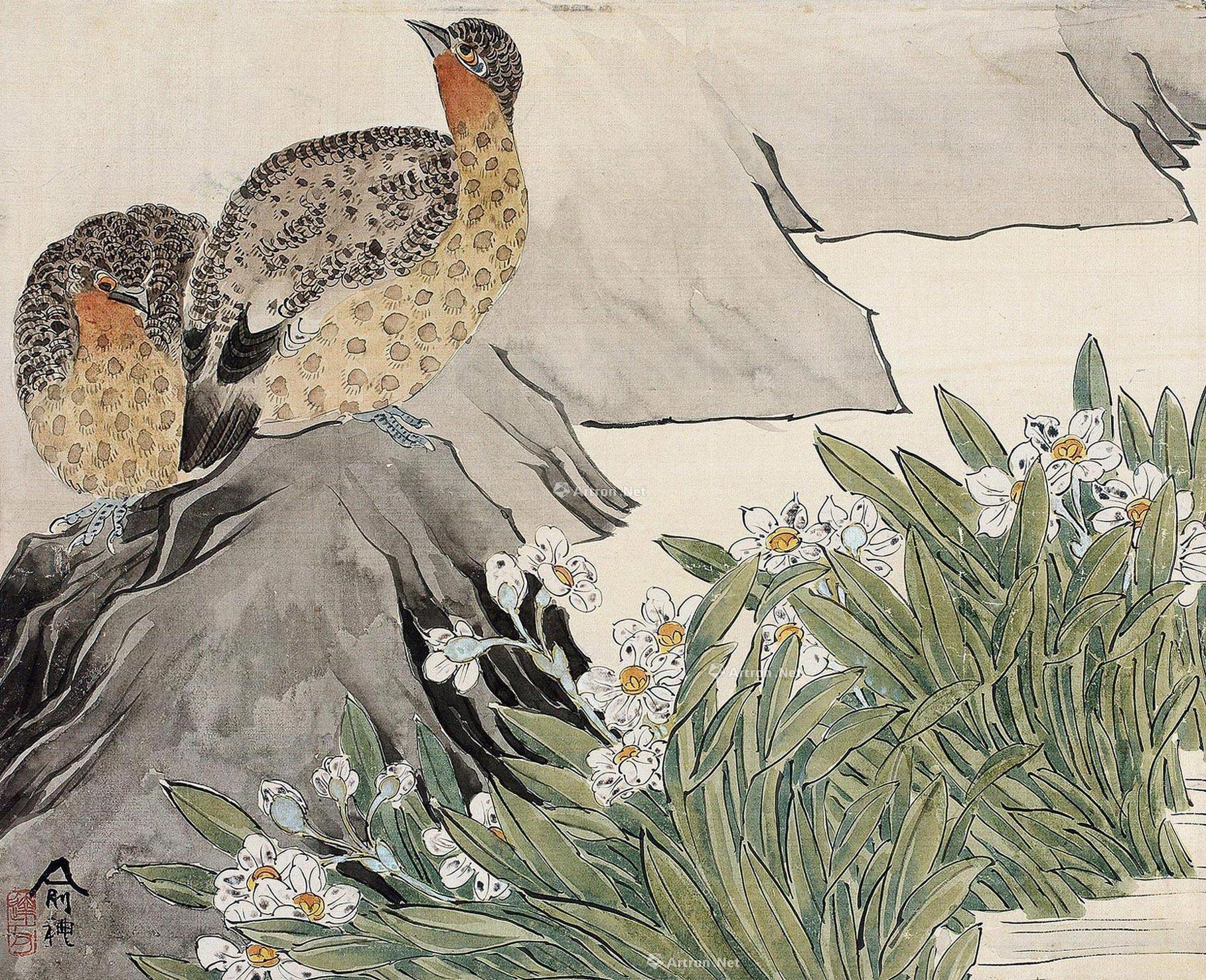 俞礼 水仙鹌鹑 镜片艺术家:俞礼(1862～1922)lot号:14估价:rmb 8,000