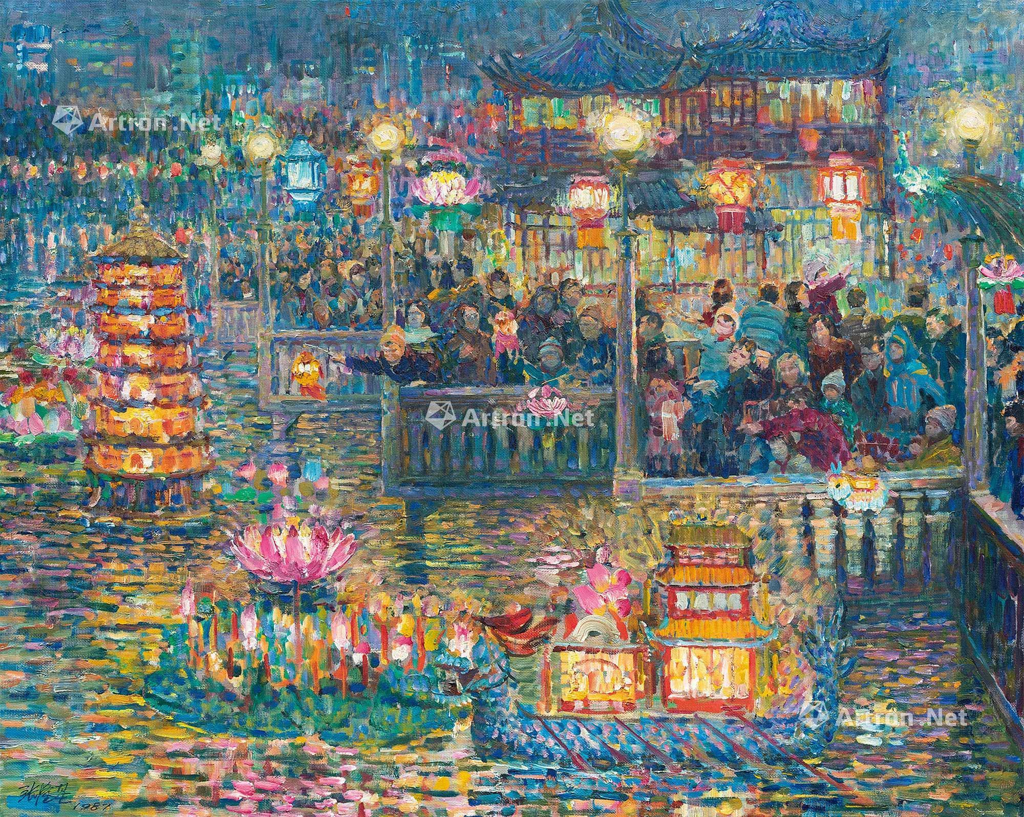 2669 1987年作 欢度元宵(豫园 布面油画