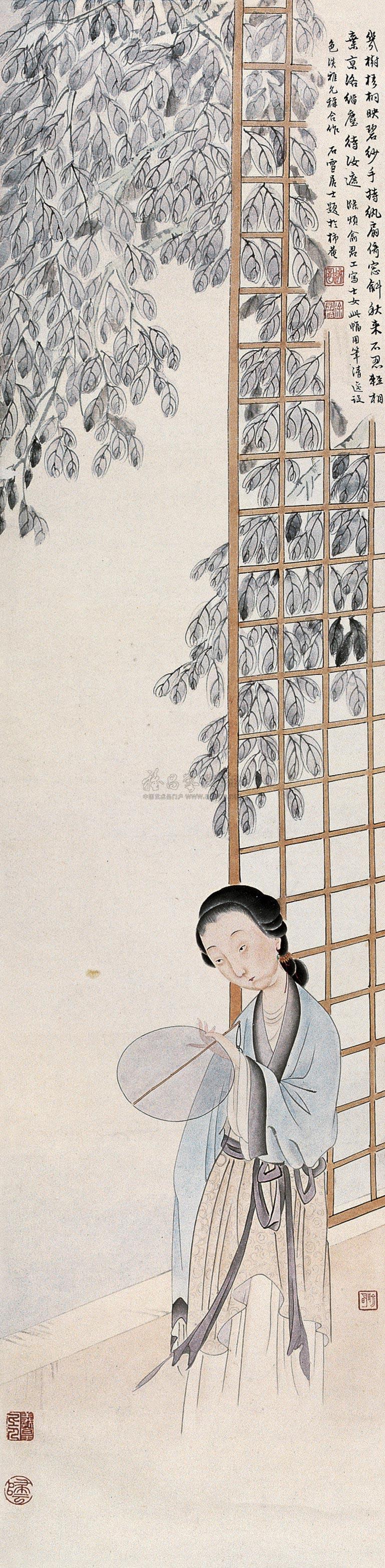0924 桐荫仕女图 立轴 设色纸本
