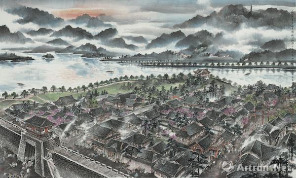刘墉,古城春暖,纸本水墨设色,142×240cm,2017