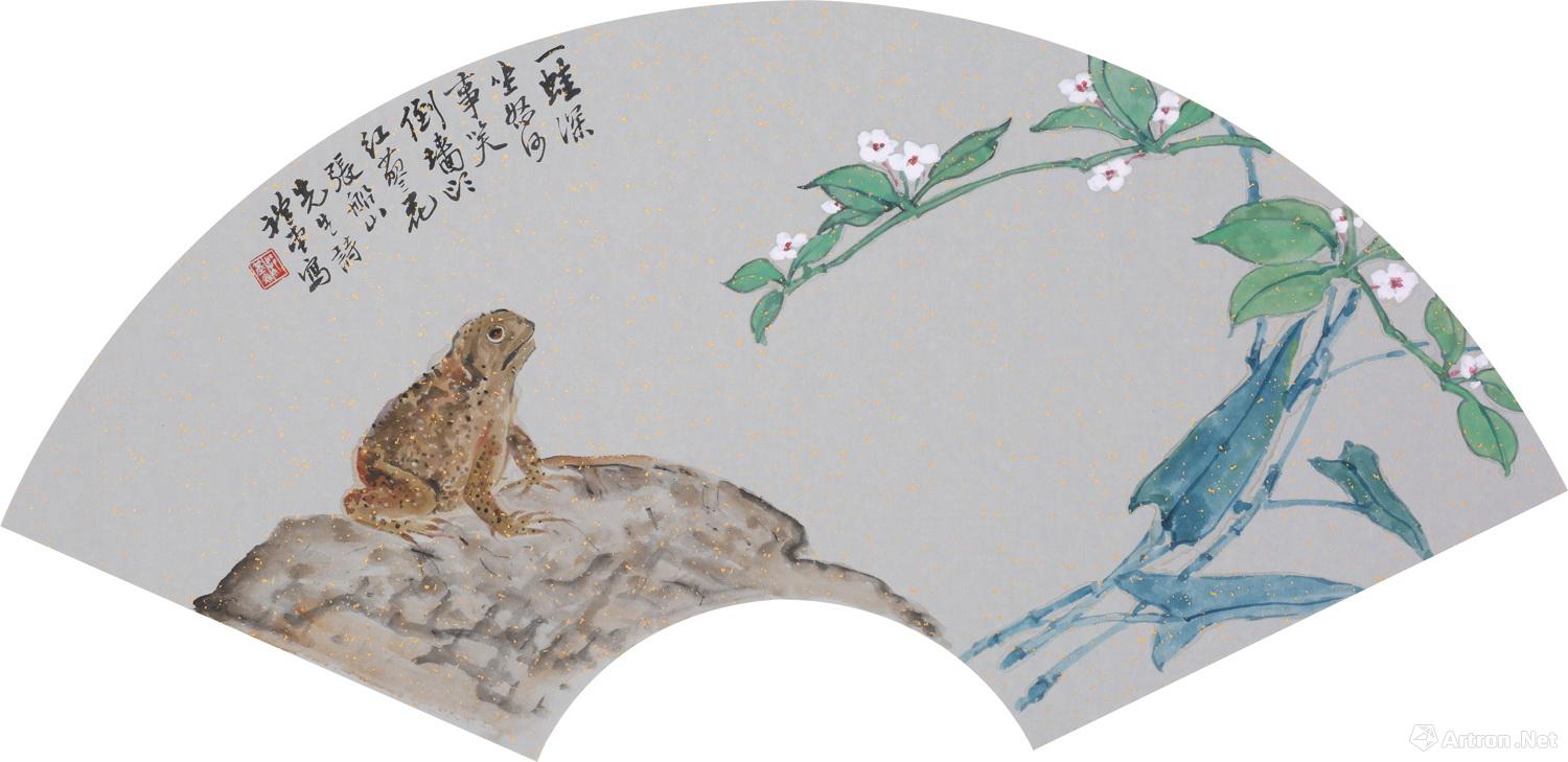 《金蟾问花》  梁基永 58x28cm  国画