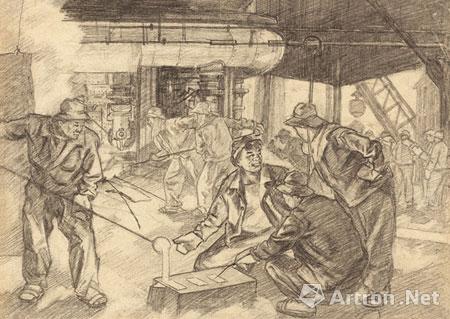 炼铁车间的工人技术员(草图)1951太原 29.5x20.5cm 纸本素描