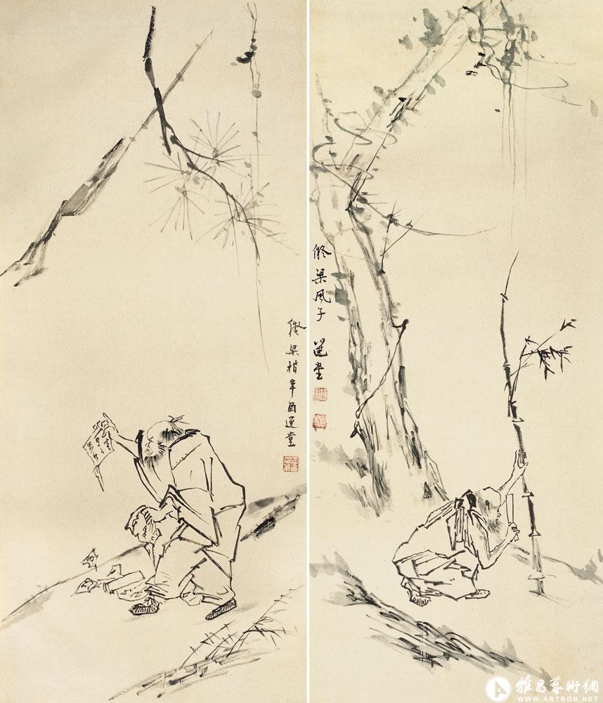 摹宋梁楷《截竹／撕经》<br>^-^Portraits of Zen Masters after the style of Liang Kai of Song Dynasty
