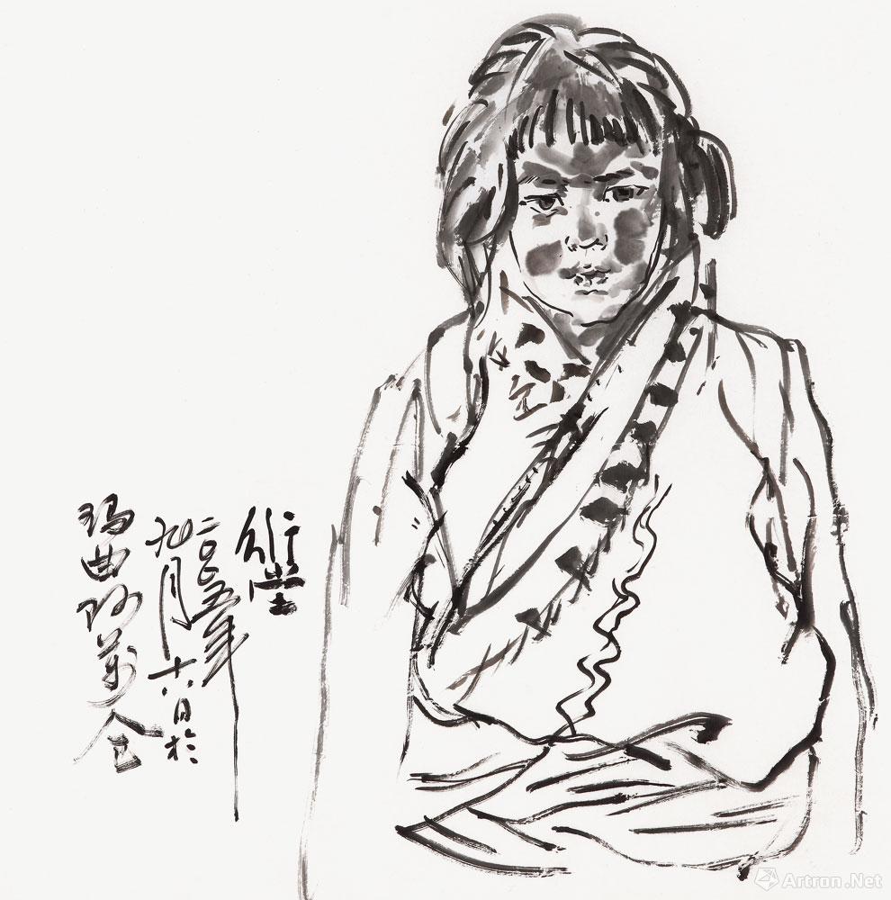 藏族少女水墨写生肖像