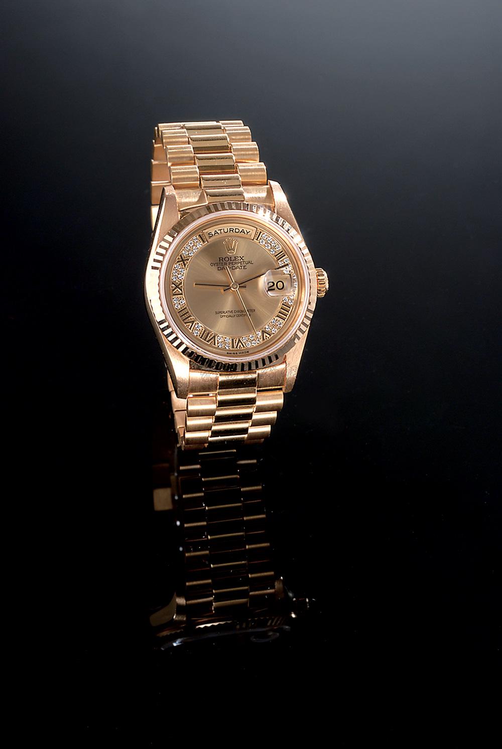 0822 劳力士蚝式18k金原装钻石自动星期日历连带男装腕表