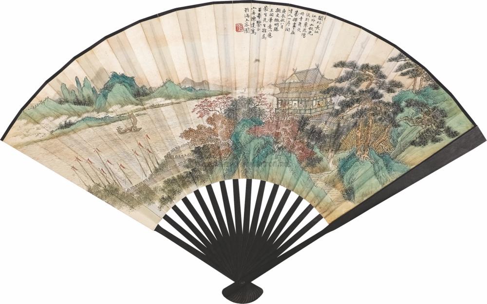 0128 1940年作 滕王阁图 行书 成扇 设色纸本