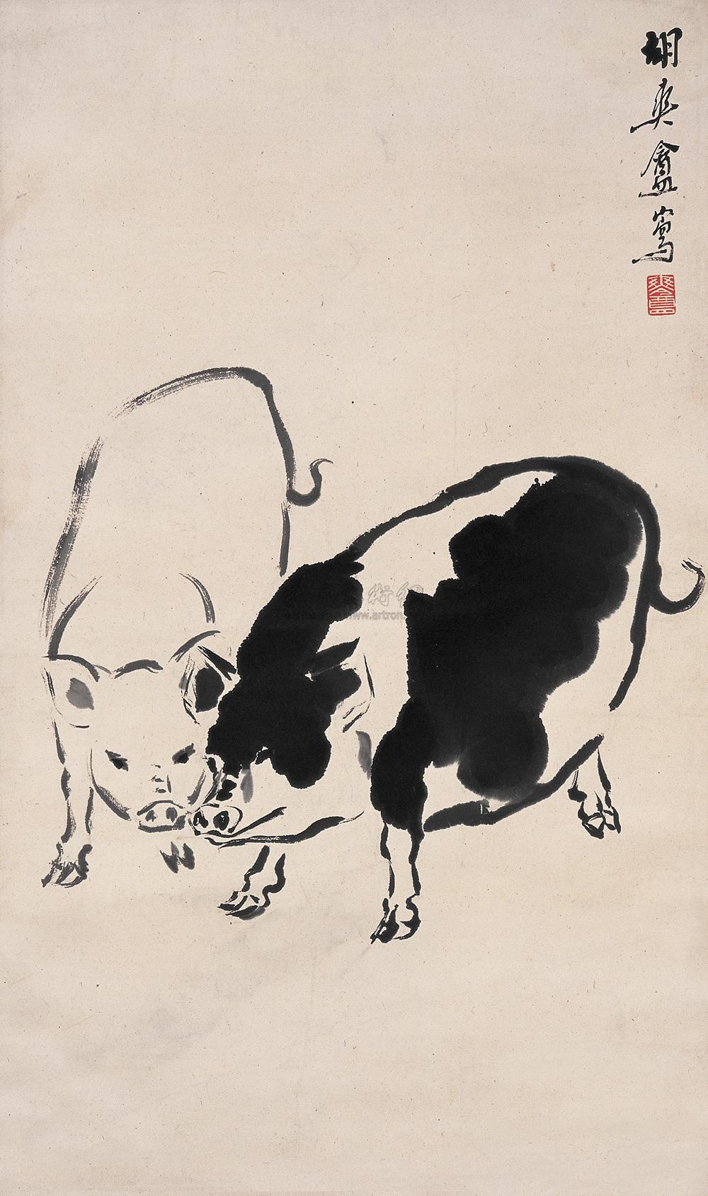 0218 双猪图 立轴 设色纸本