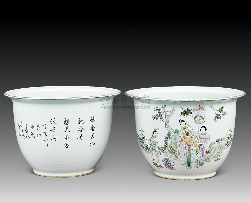 余子贞绘粉彩美人花盆 (一对)】拍卖品_图片_价格_鉴赏_民国瓷器_雅昌
