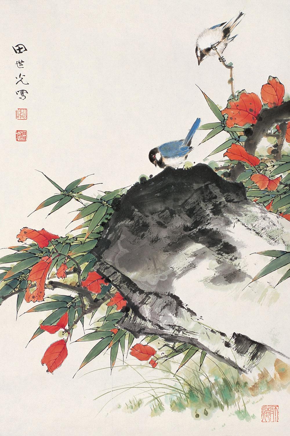 1035 红叶小鸟 镜心 设色纸本