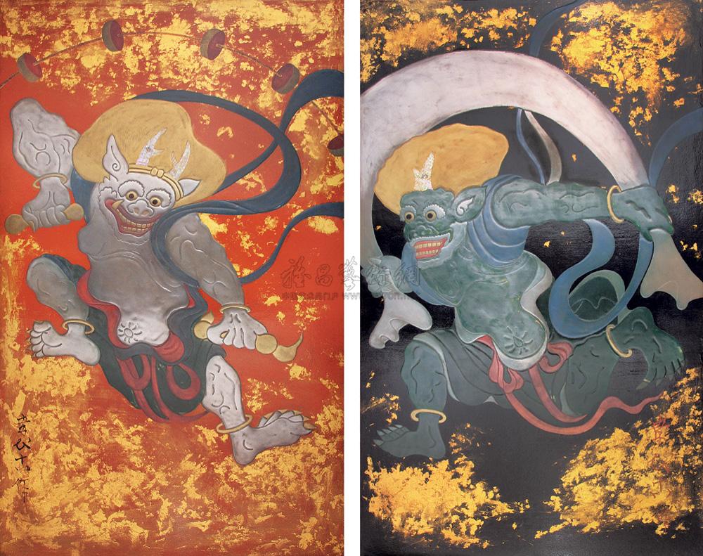 0052 现代 彩绘风神 雷神漆画 (两件)