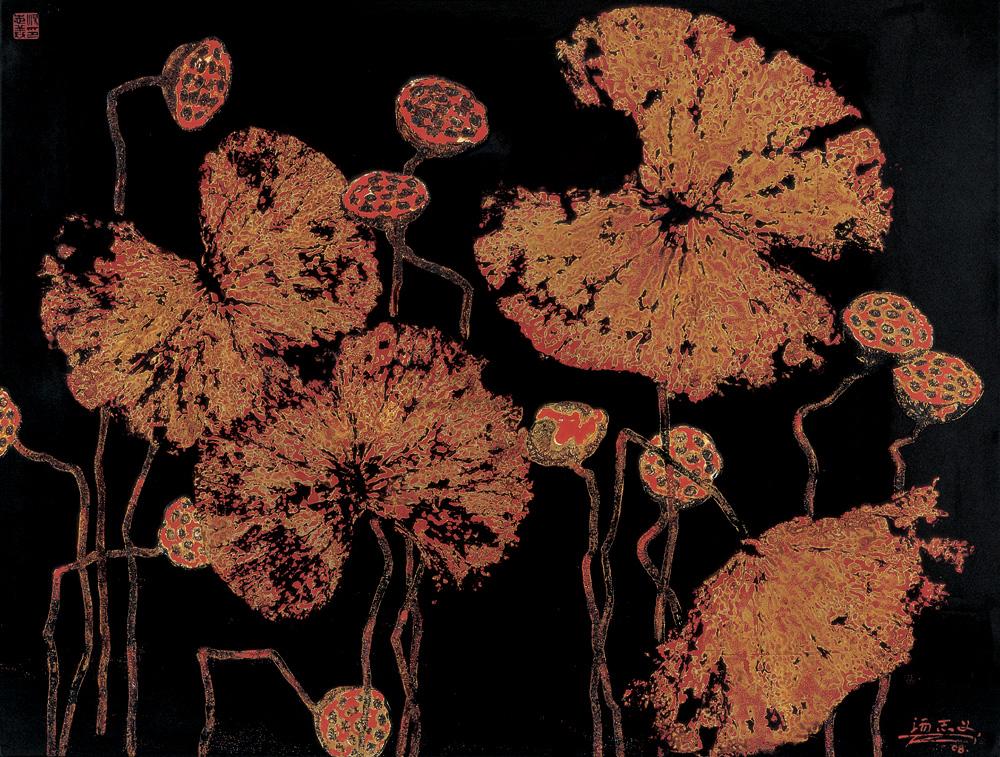 0818 2008年作 墨莲 木板 漆画