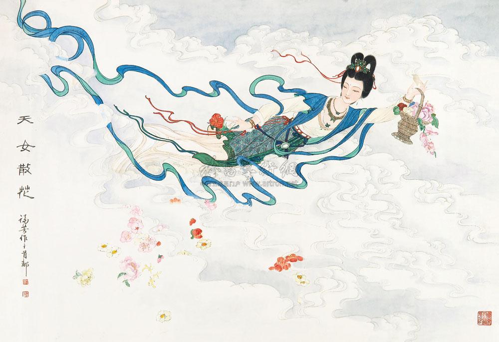 【天女散花 镜心 设色纸本】拍卖品_图片_价格_鉴