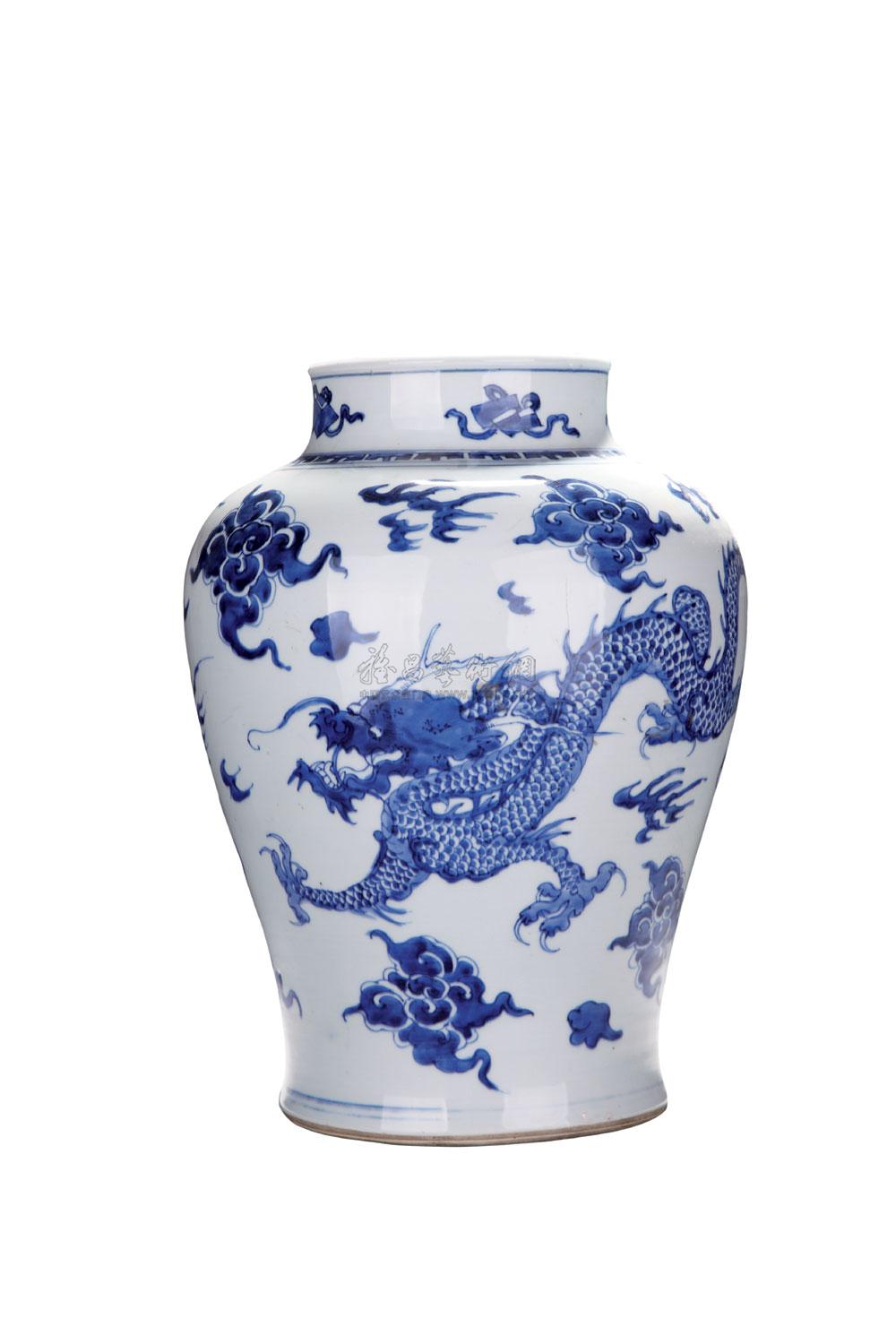 3076 清康熙 青花龙凤纹将军罐