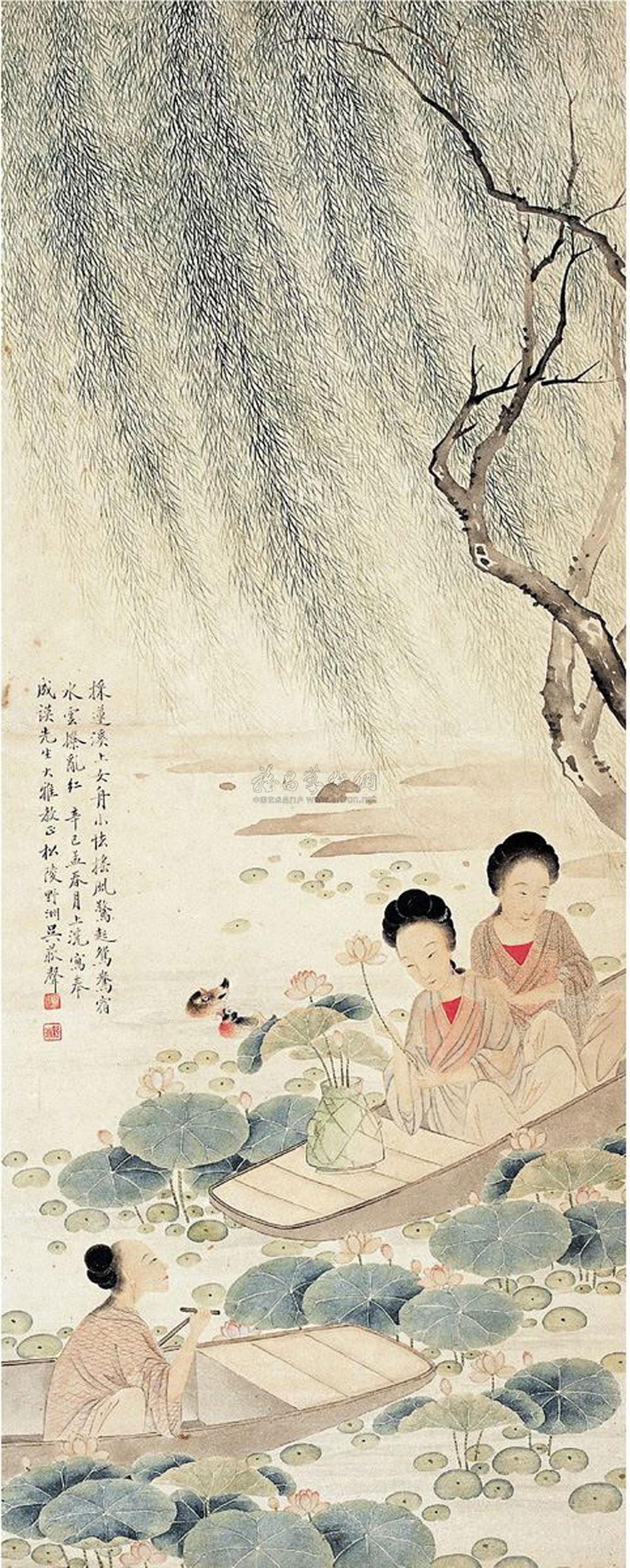 【1941年作 採蓮圖 立軸 灑銀設色紙本】拍賣品_圖片_價格_鑑賞_繪畫_