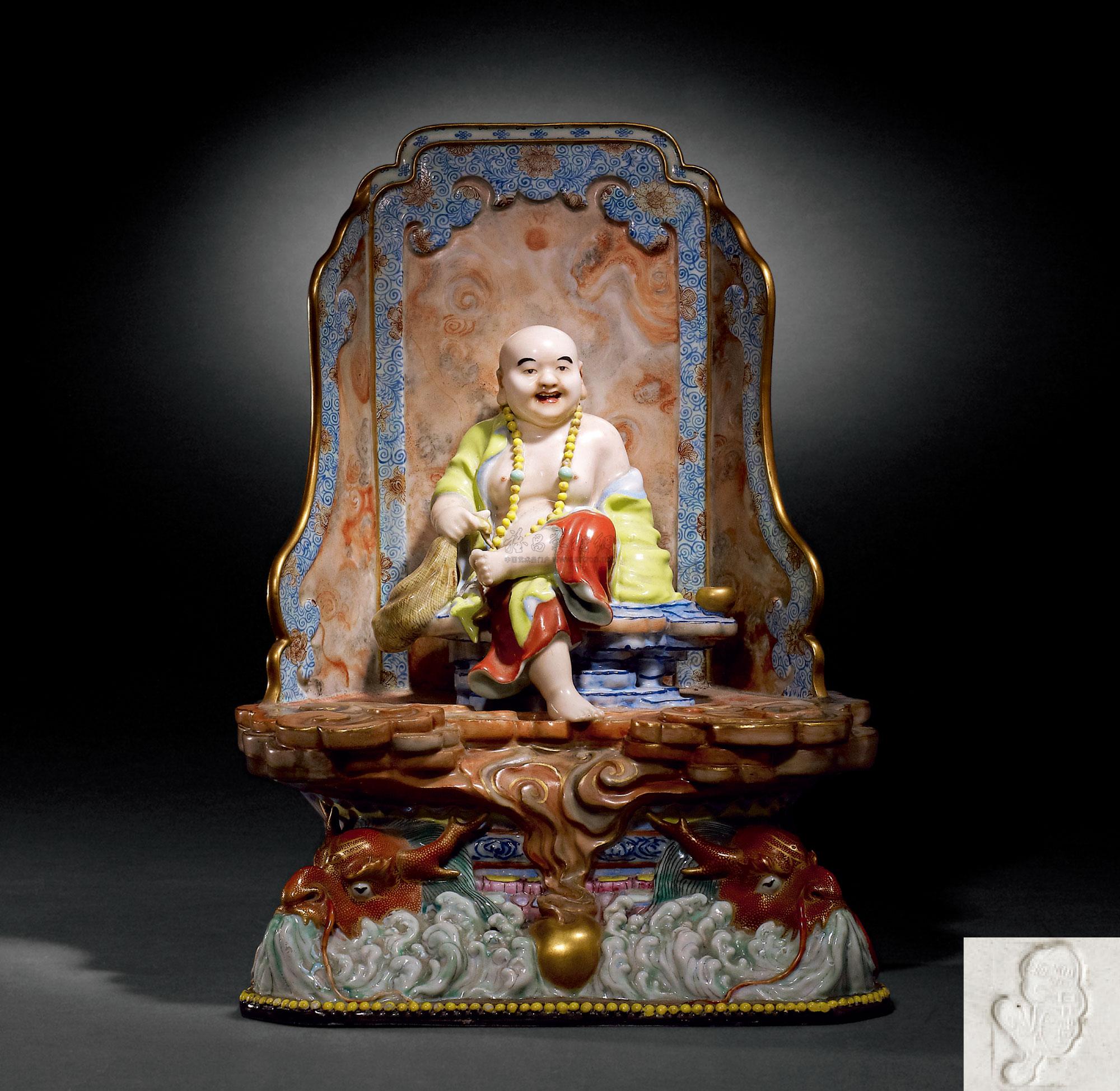 0861 民国 曾龙升制粉彩布袋和尚坐像