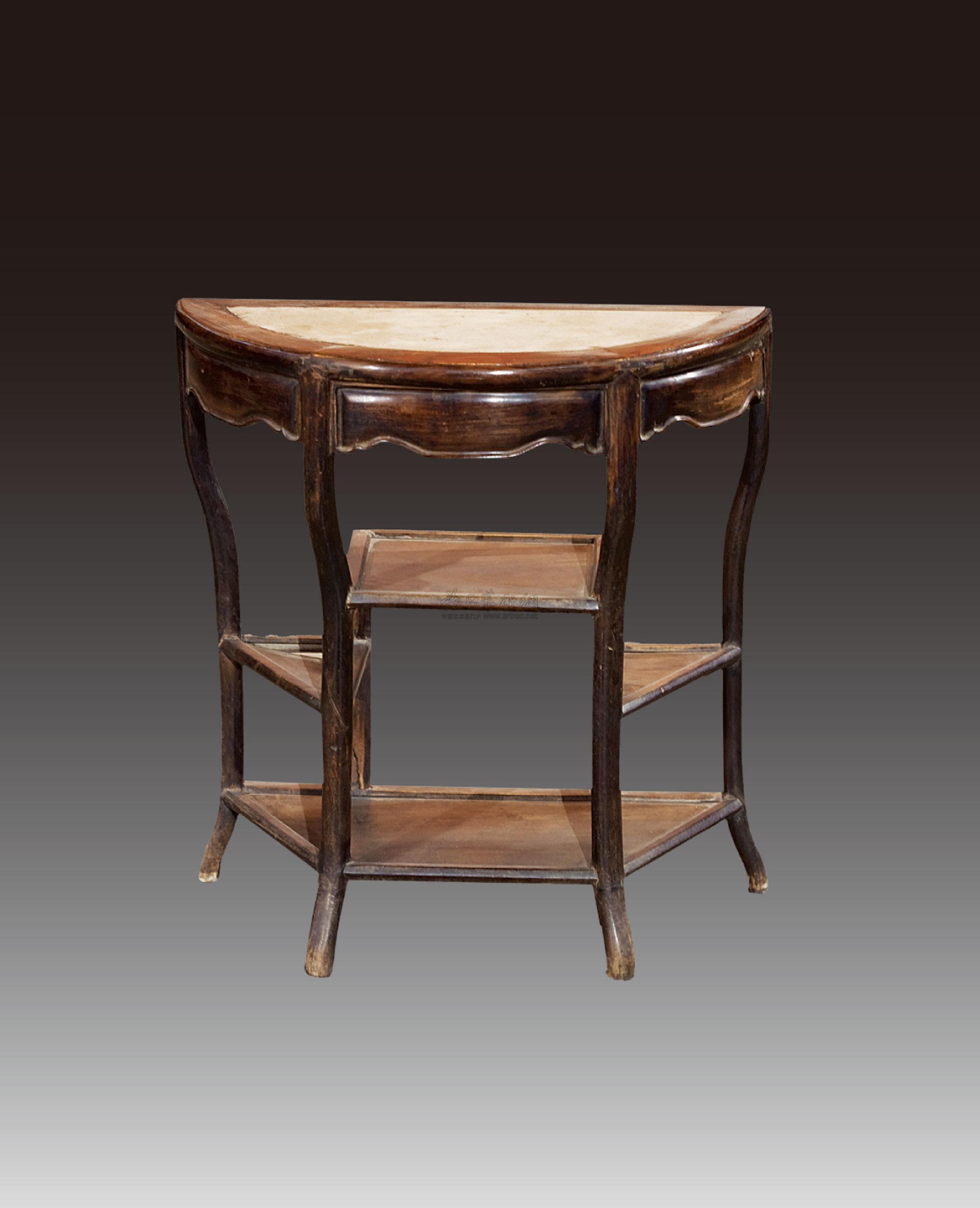 0536 清 红木嵌大理石月牙半桌