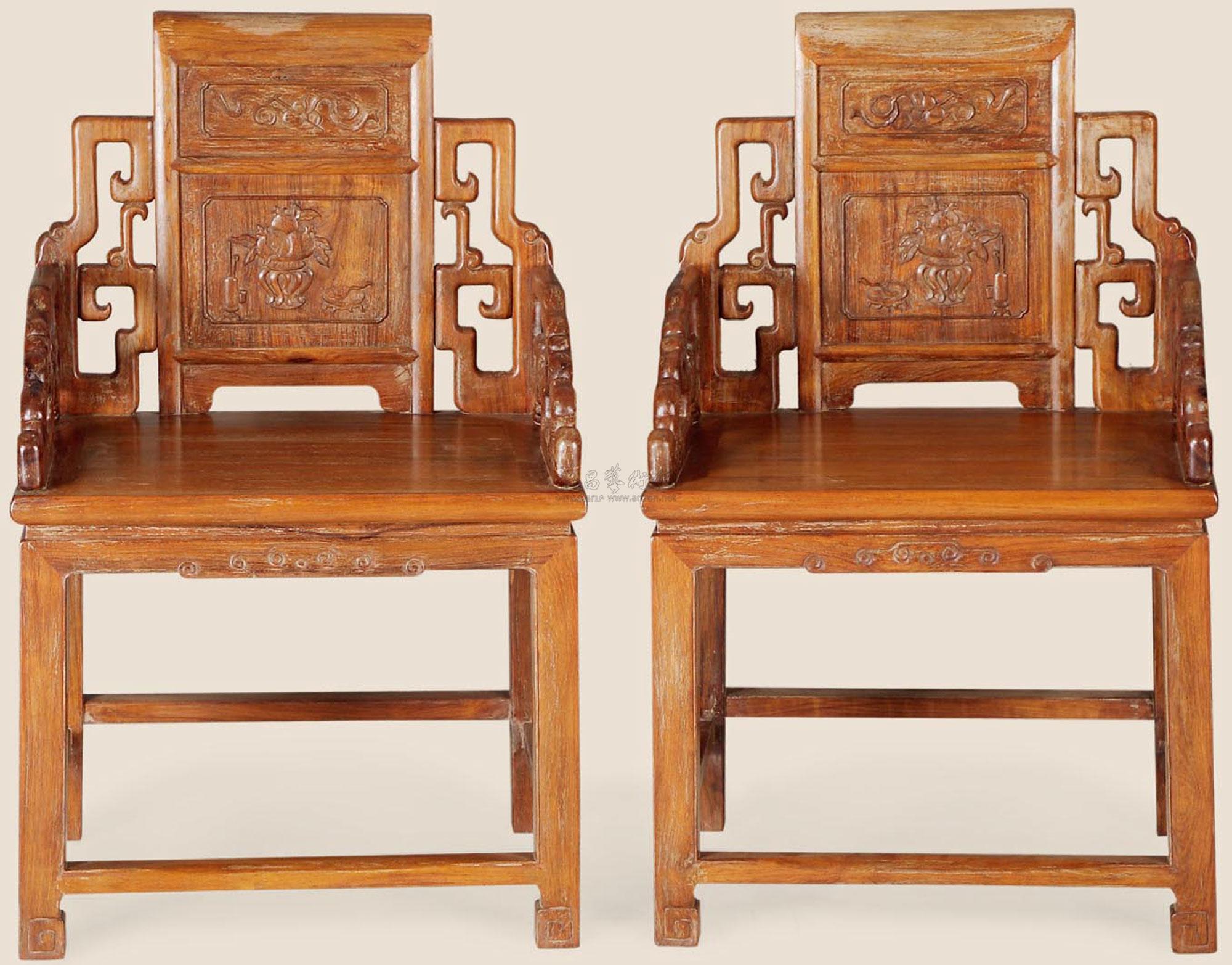 1850 黄花梨雕花篮明式扶手椅 (两件)