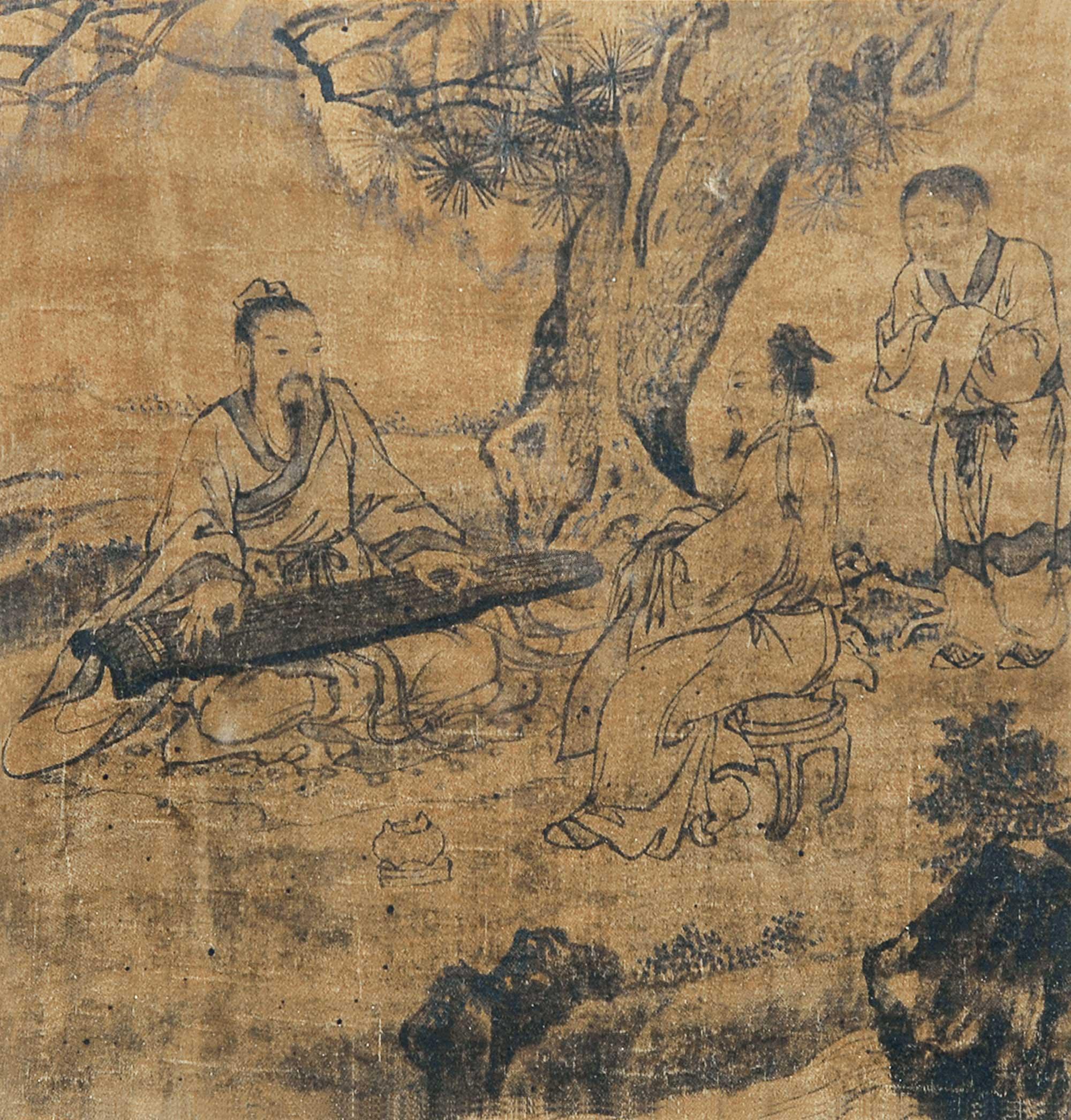 0094 赏琴图 镜心 水墨绫本
