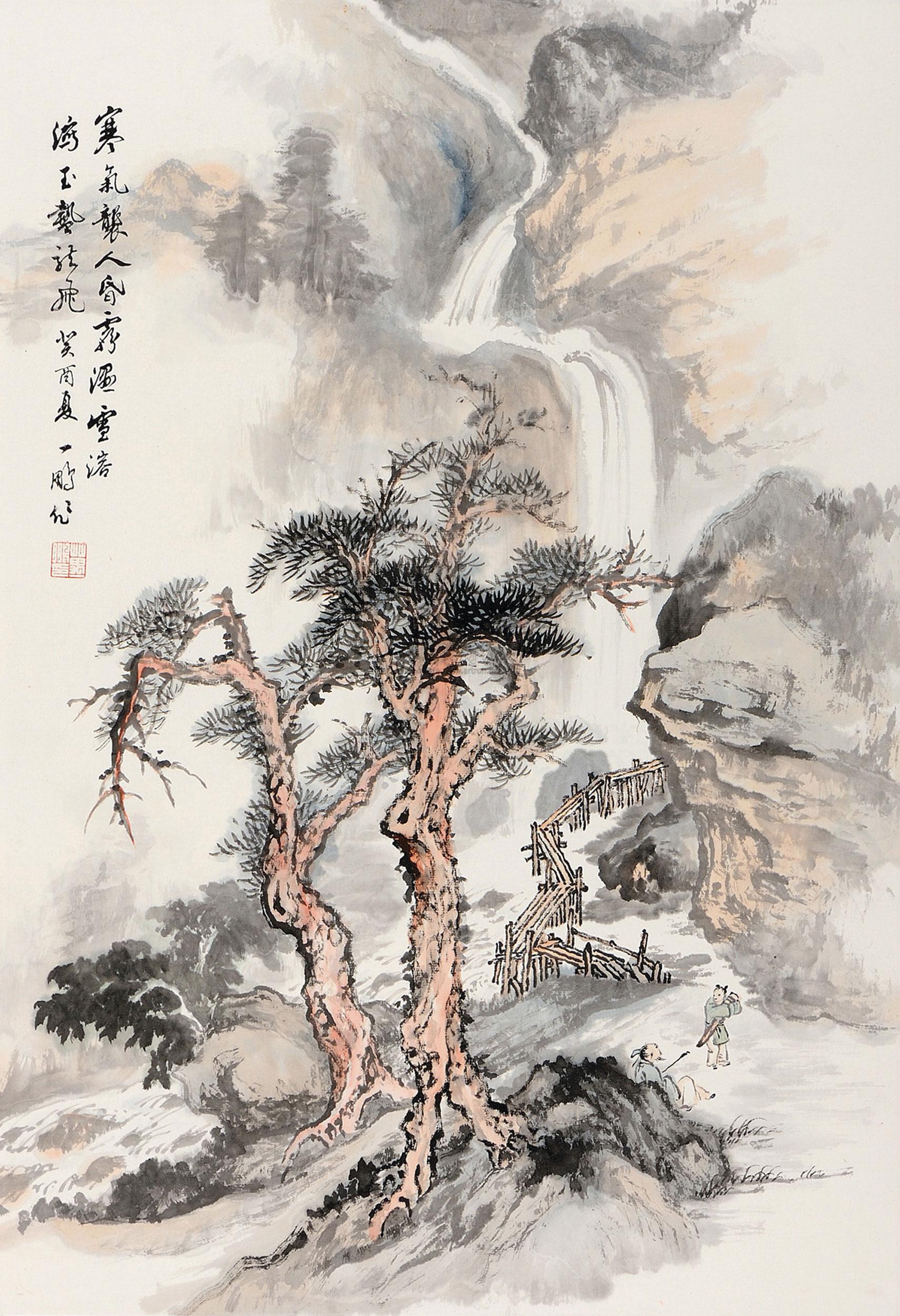 0196 癸酉(1993年)作 雨后松泉 镜框 设色纸本
