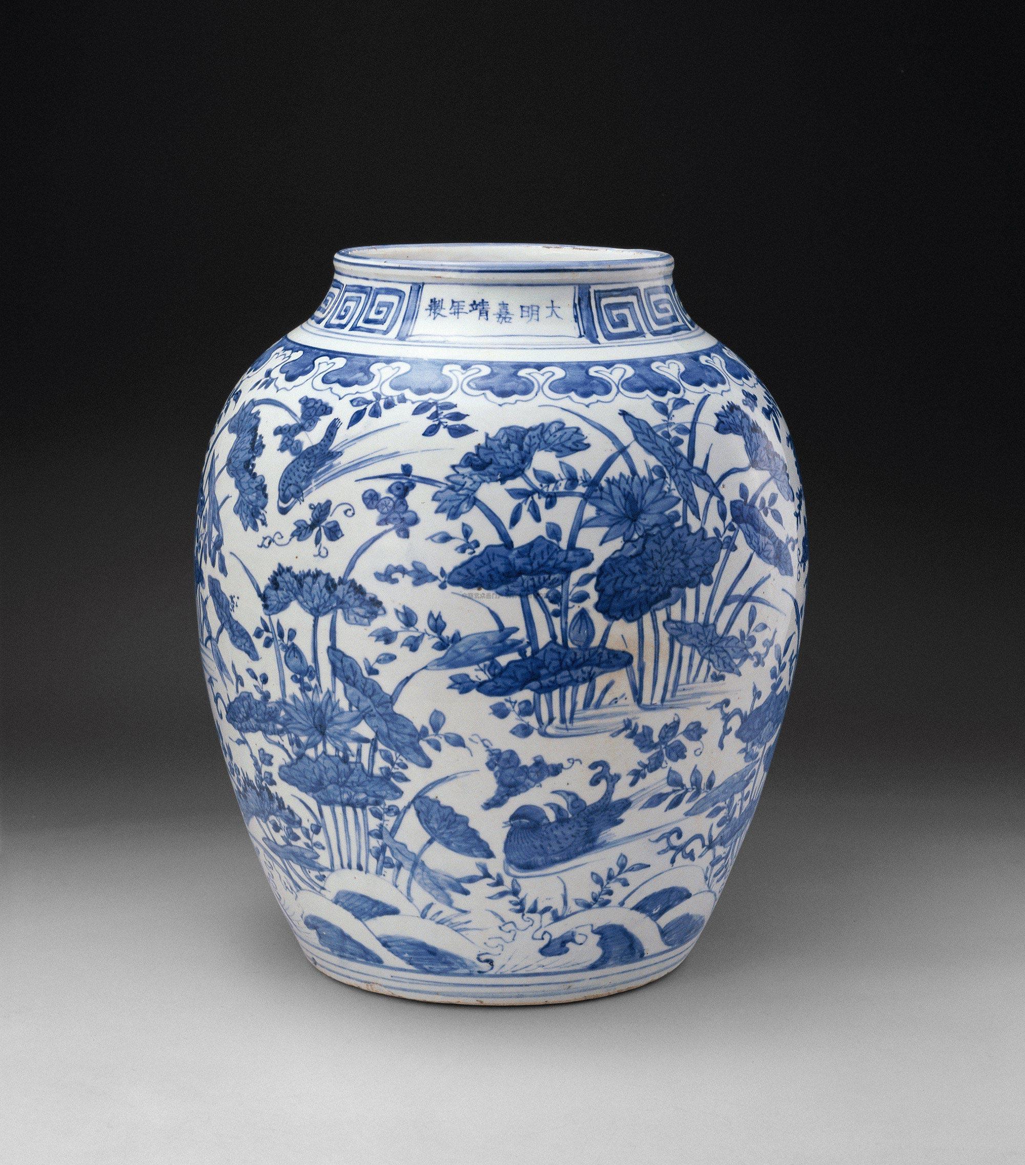 【明嘉靖 青花荷莲鸳鸯纹罐】拍卖品_图片_价格_鉴赏_明代单色釉瓷器