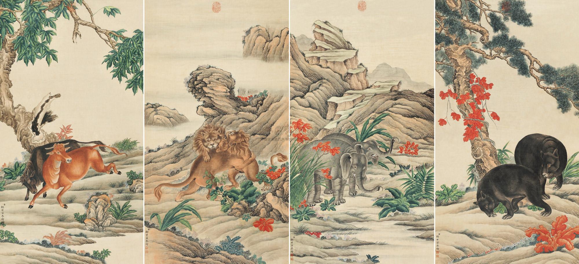 1047 溪山瑞兽 镜片 设色绢本