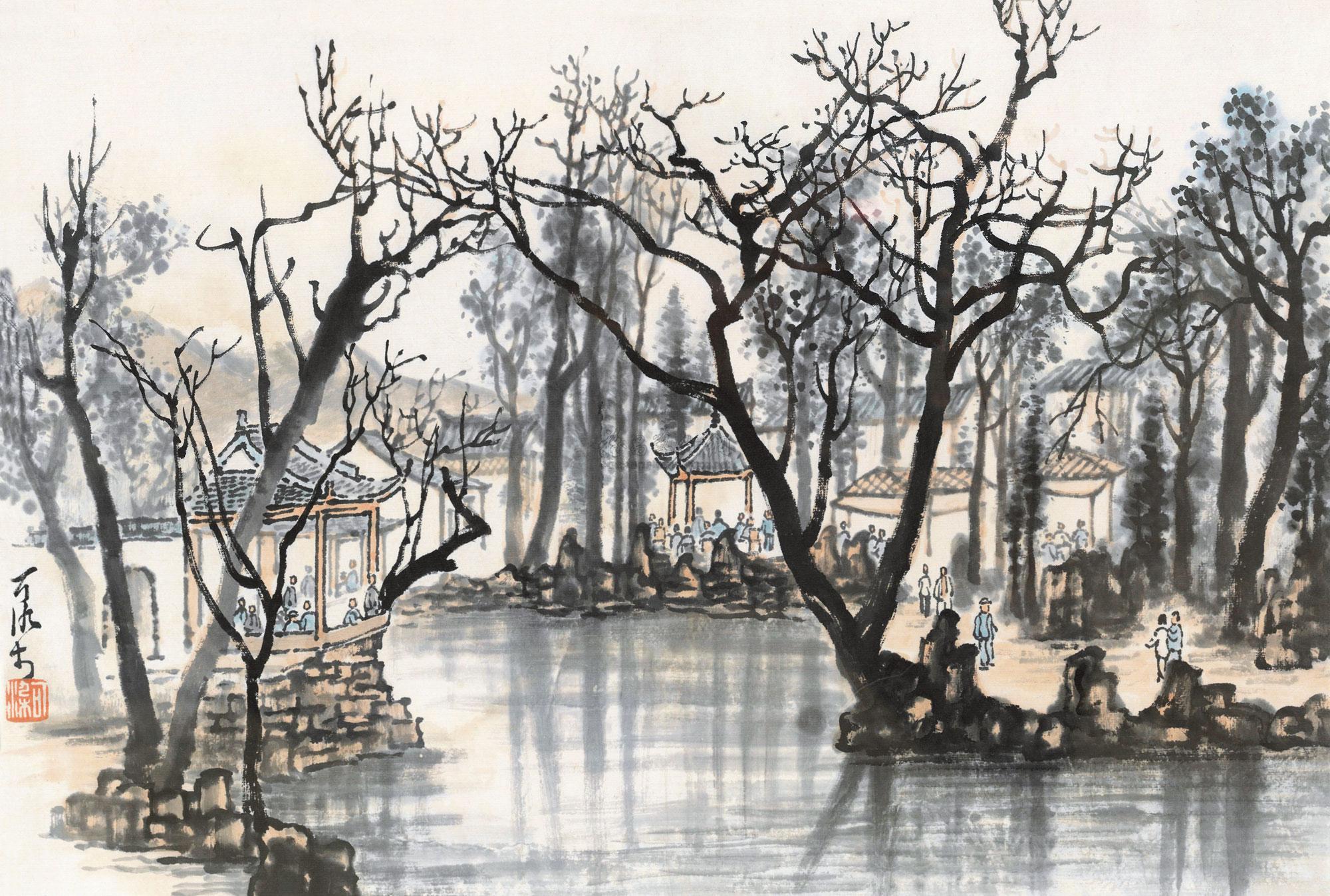 【江南园林小景 镜心带框 设色纸本】拍卖品_图片_价格_鉴赏_绘画