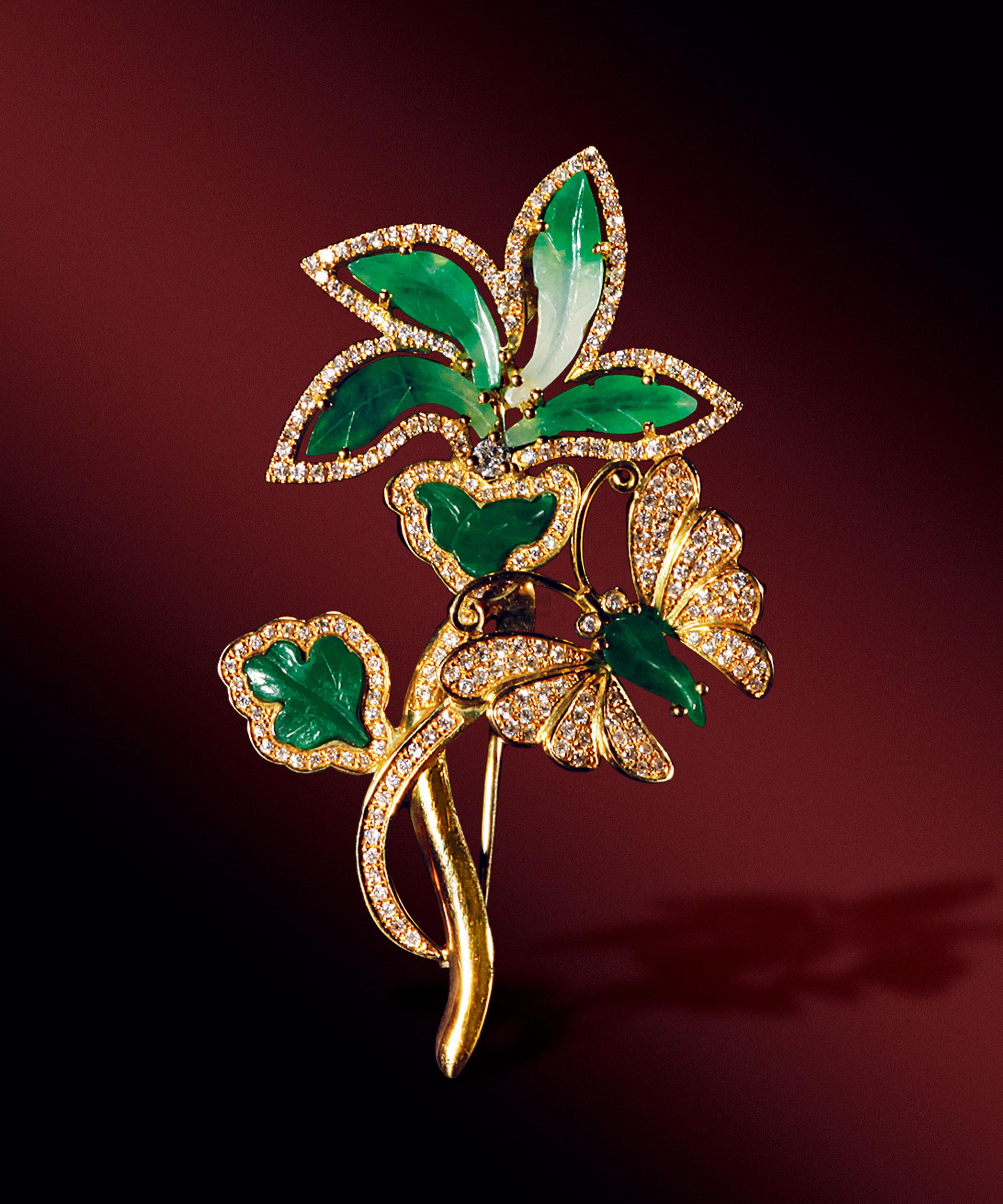 3407 18k金镶钻翡翠胸针