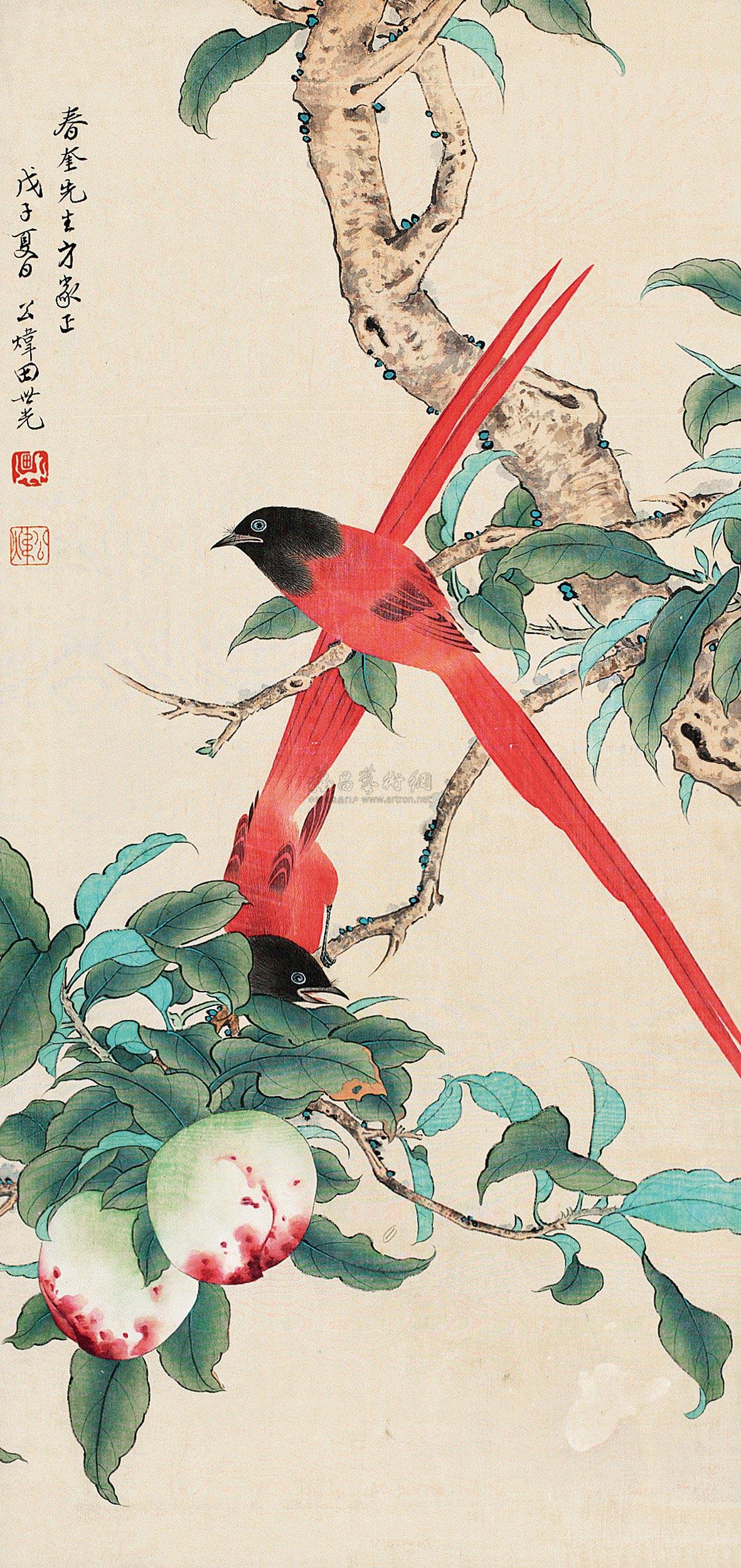 【寿带仙桃 立轴 设色绢本】拍卖品_图片_价格_鉴赏