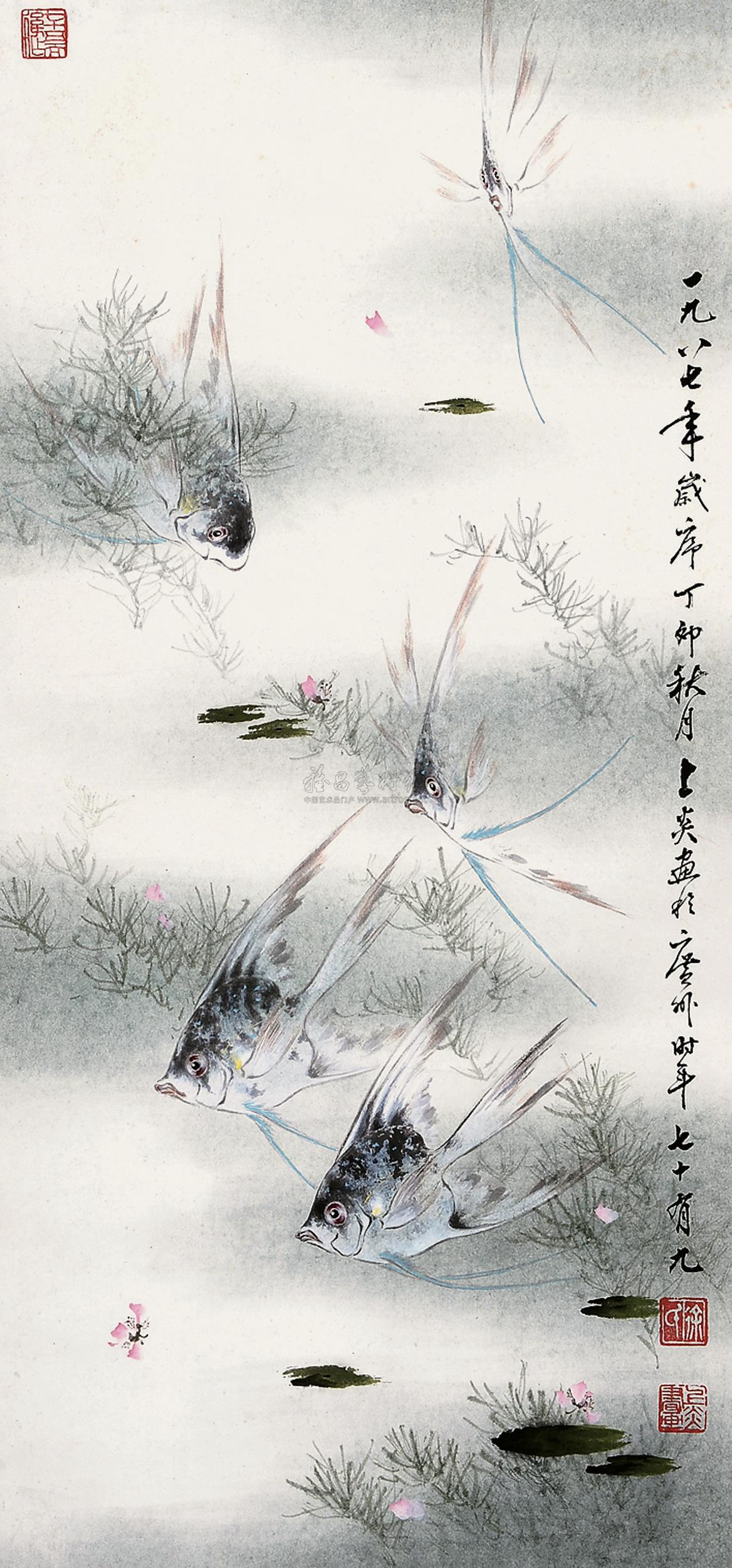 1146 1987年作 神仙鱼 立轴 设色纸本