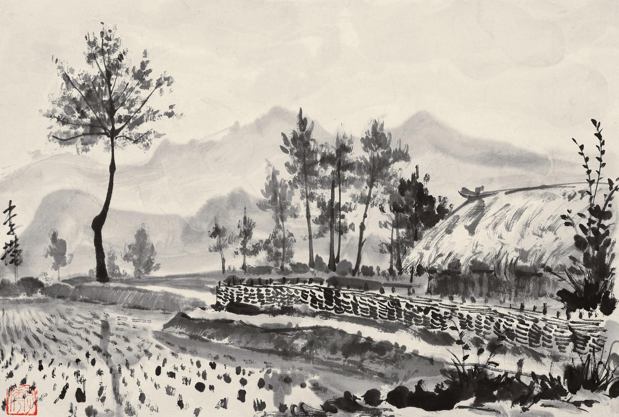 【20世纪40年代初作 山村水田 水墨纸本】拍卖品_图片_价格_鉴赏_绘画