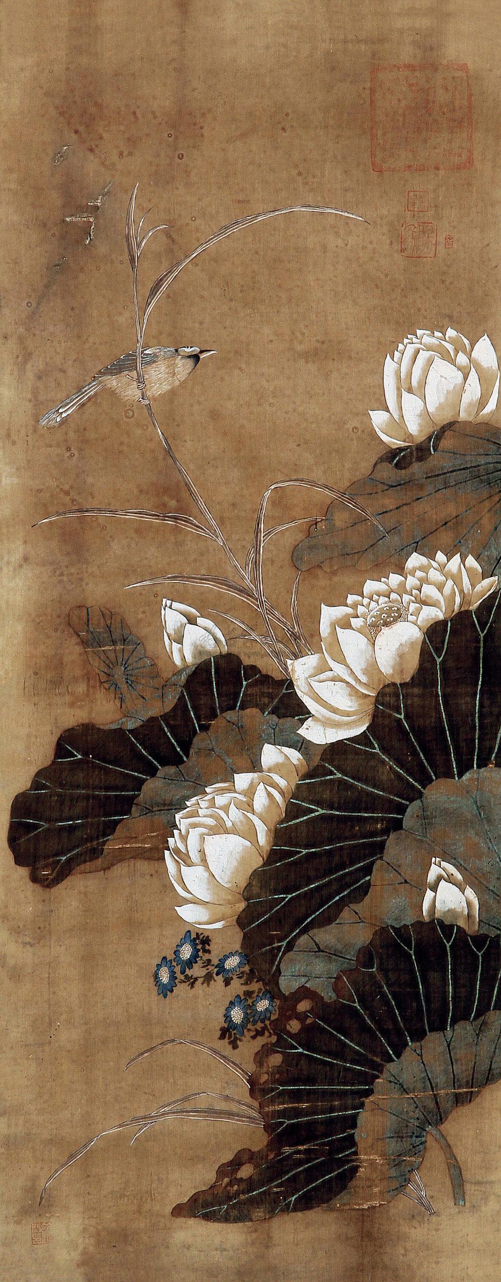0011 白莲花鸟 设色纸本
