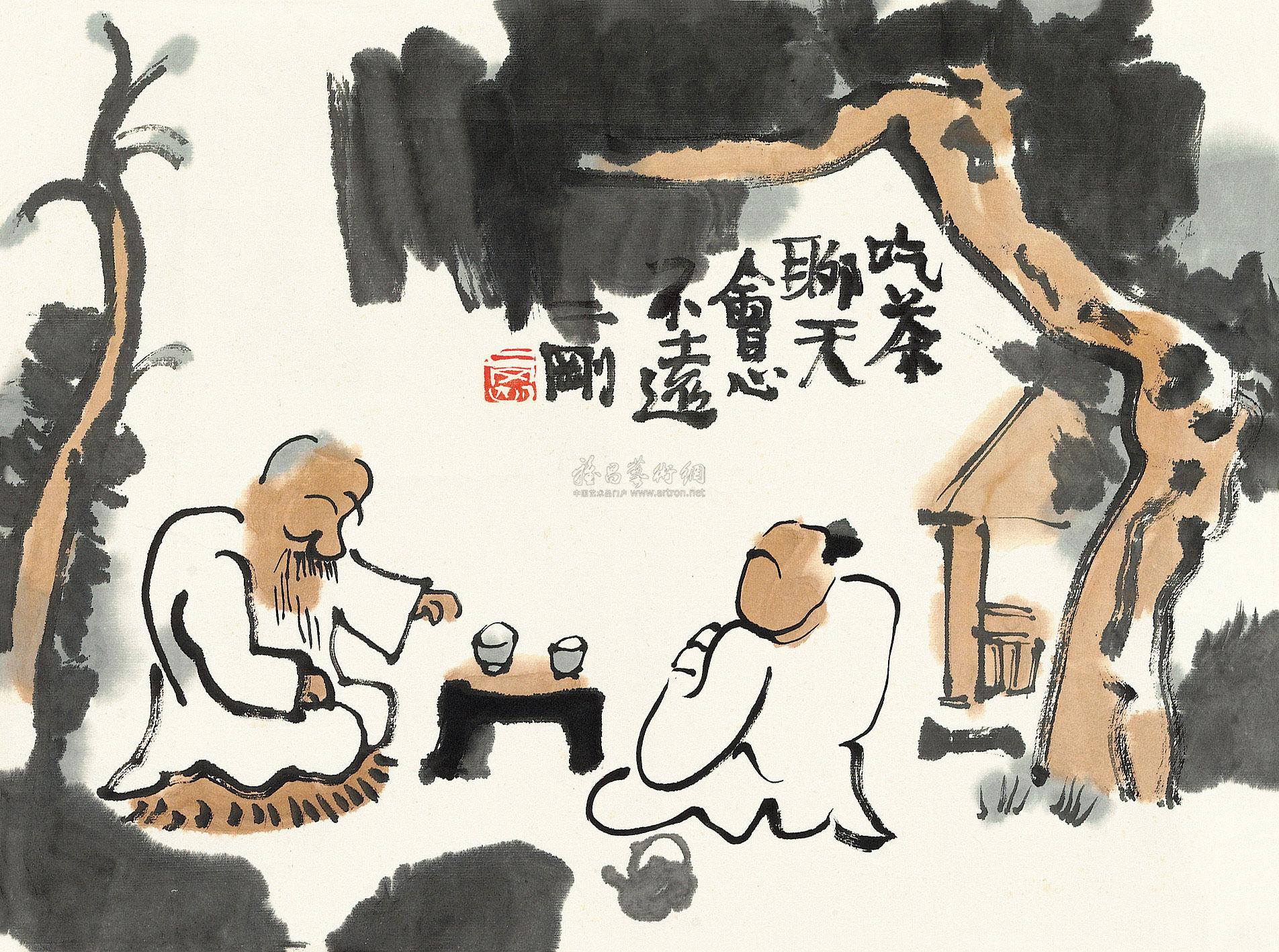 0141 吃茶聊天 镜心 设色纸本
