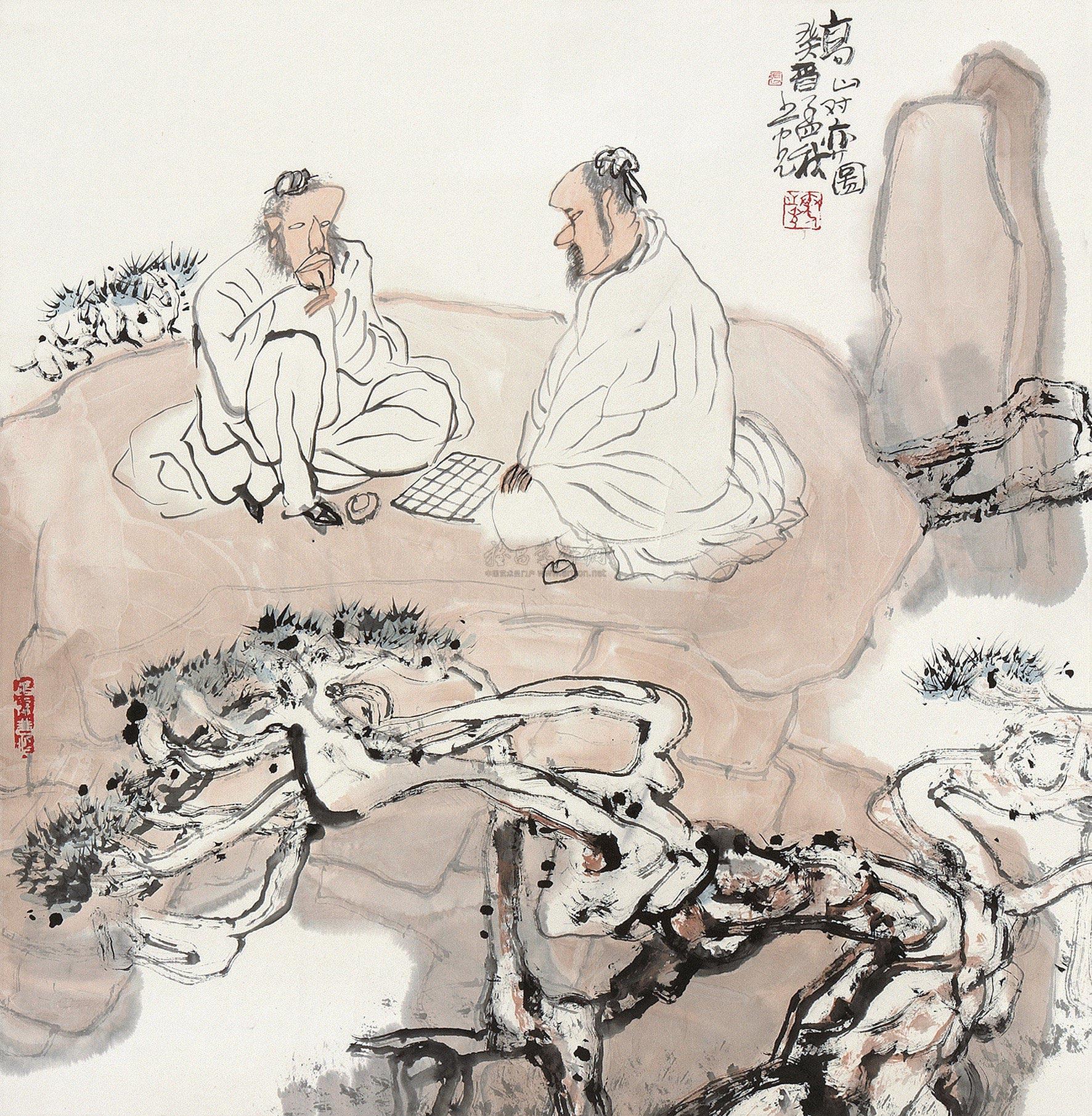 0280 高山对弈图 镜心 设色纸本