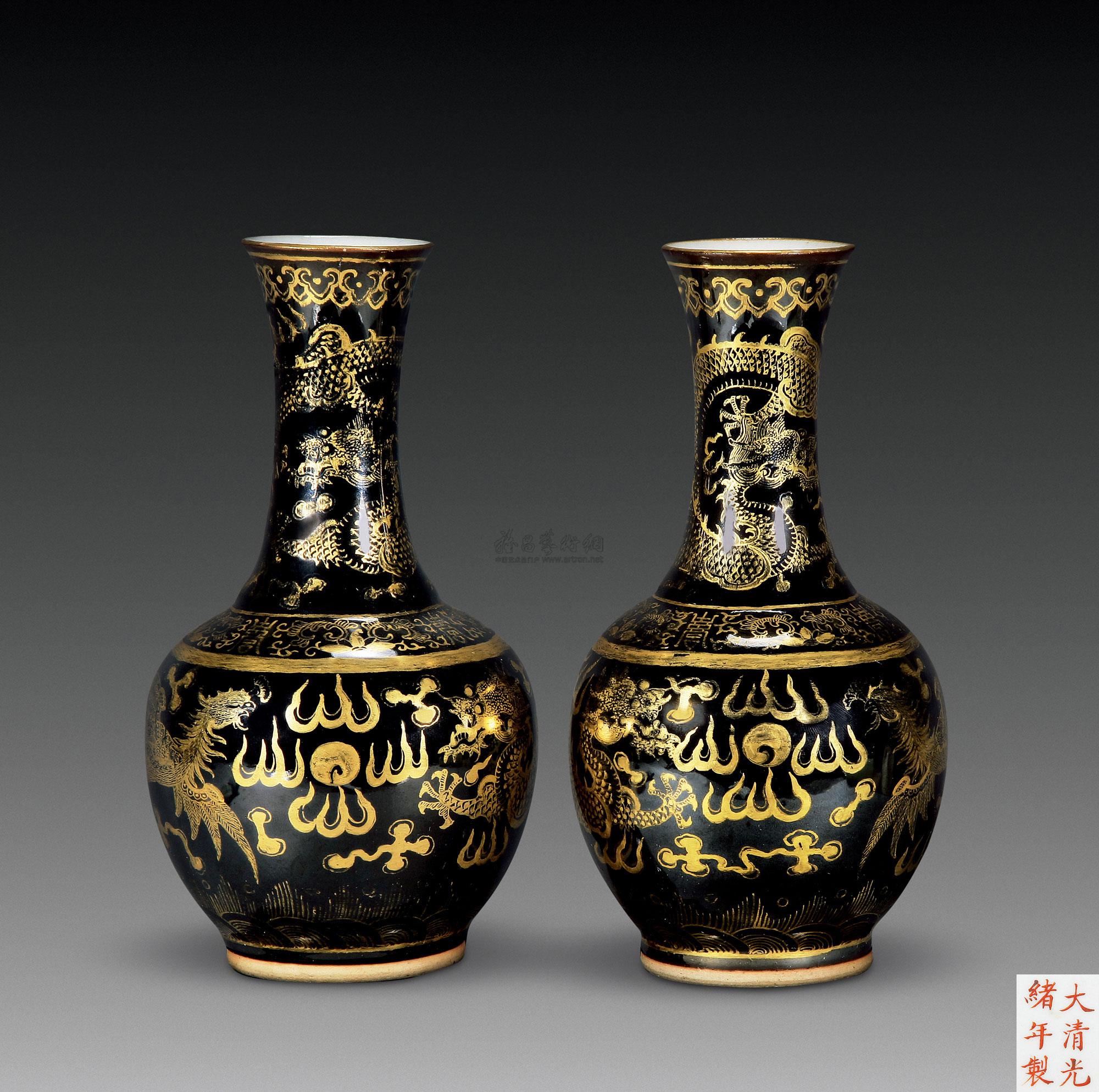 【清 黑釉描金龙对瓶 (一对)】拍卖品_图片_价格_鉴赏_清代单色釉瓷器