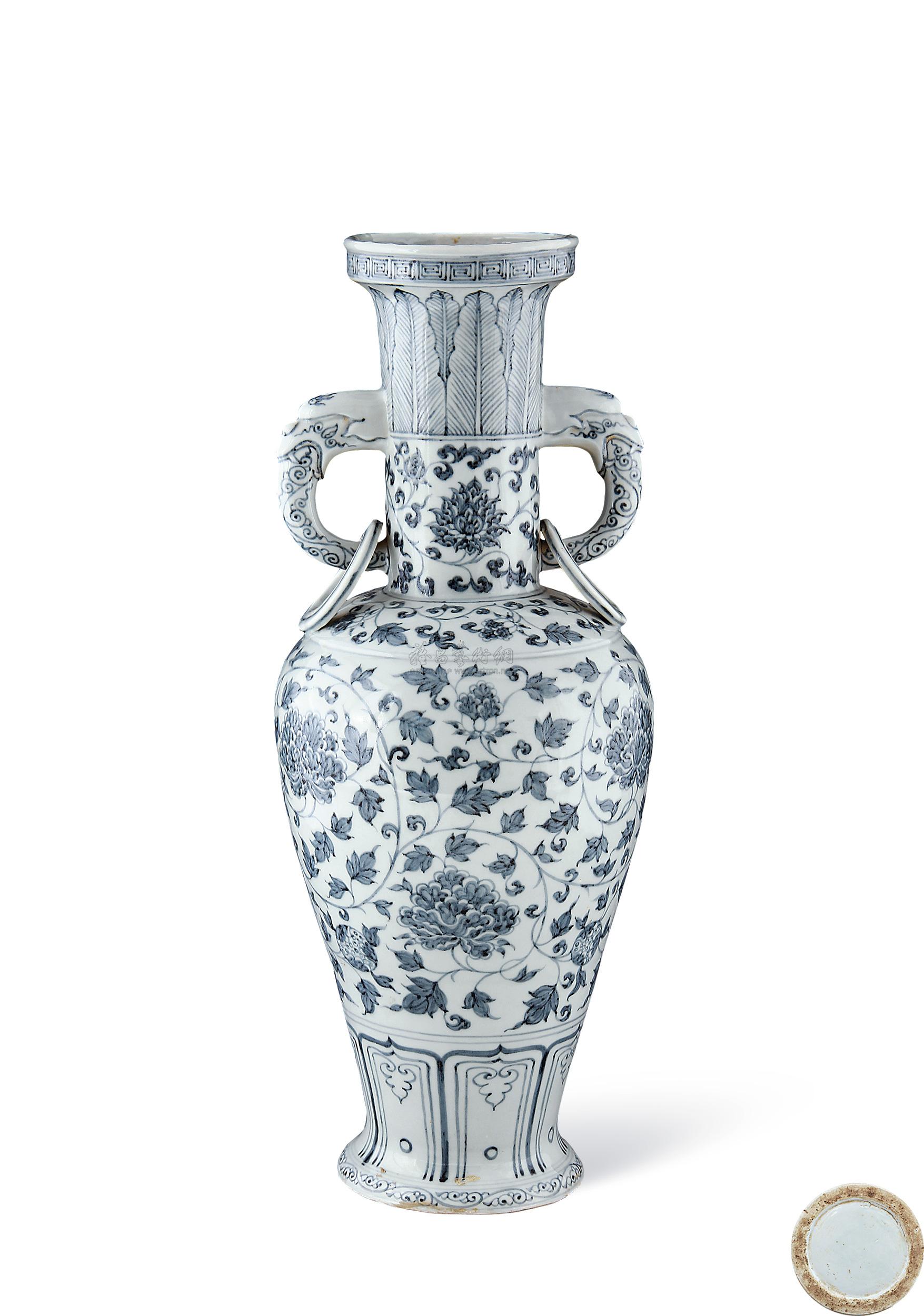 洪武 青花缠枝牡丹纹龙耳瓶】拍卖品_图片_价格_鉴赏_明代青花瓷器