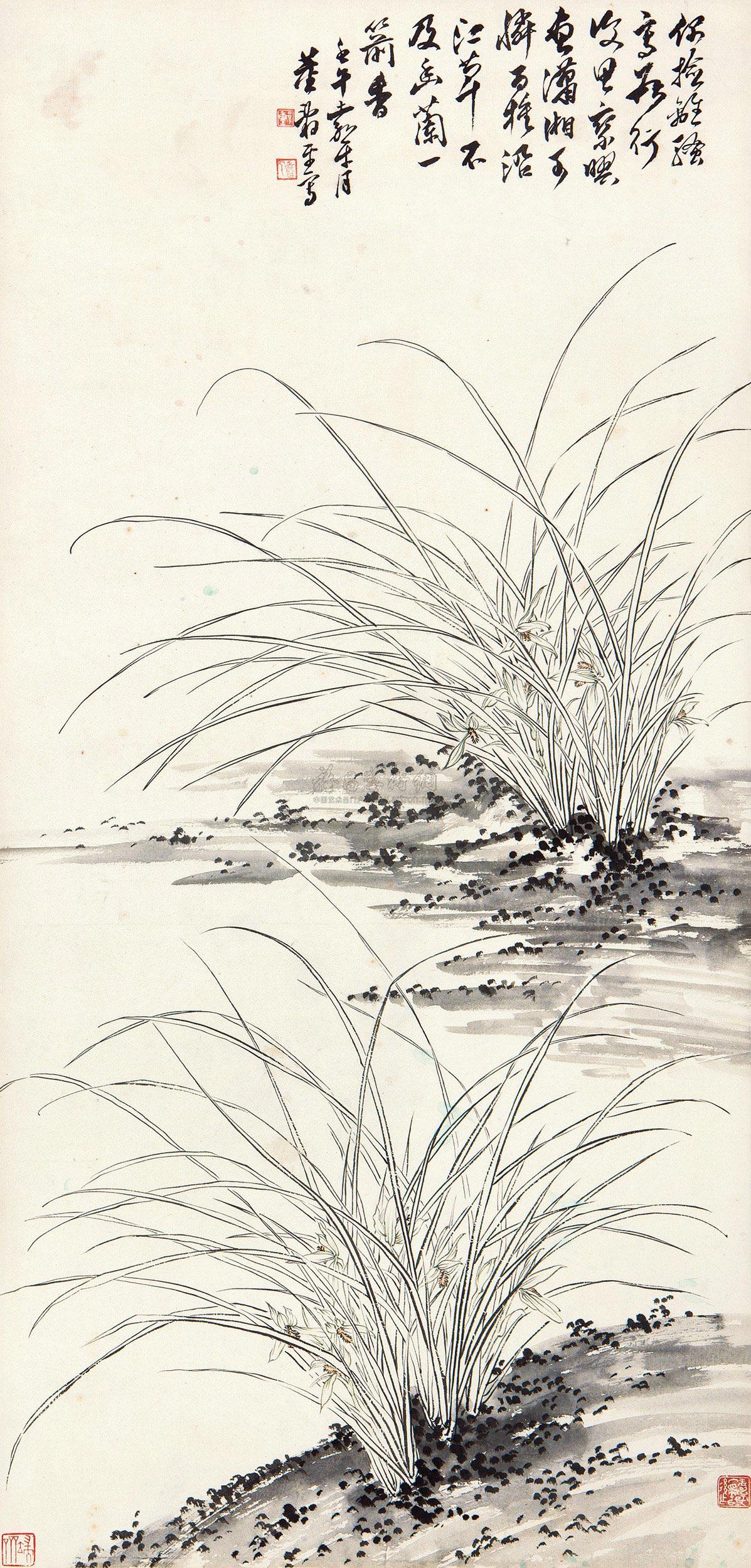 0711 壬午(1942年)作 白描兰花 立轴 纸本