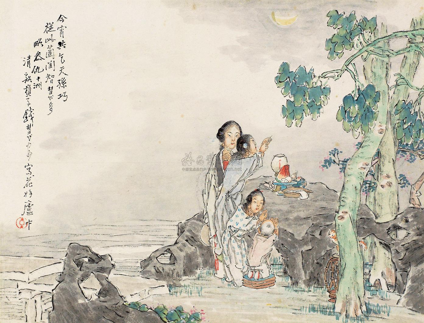 0037 乞巧图 镜框 设色纸本